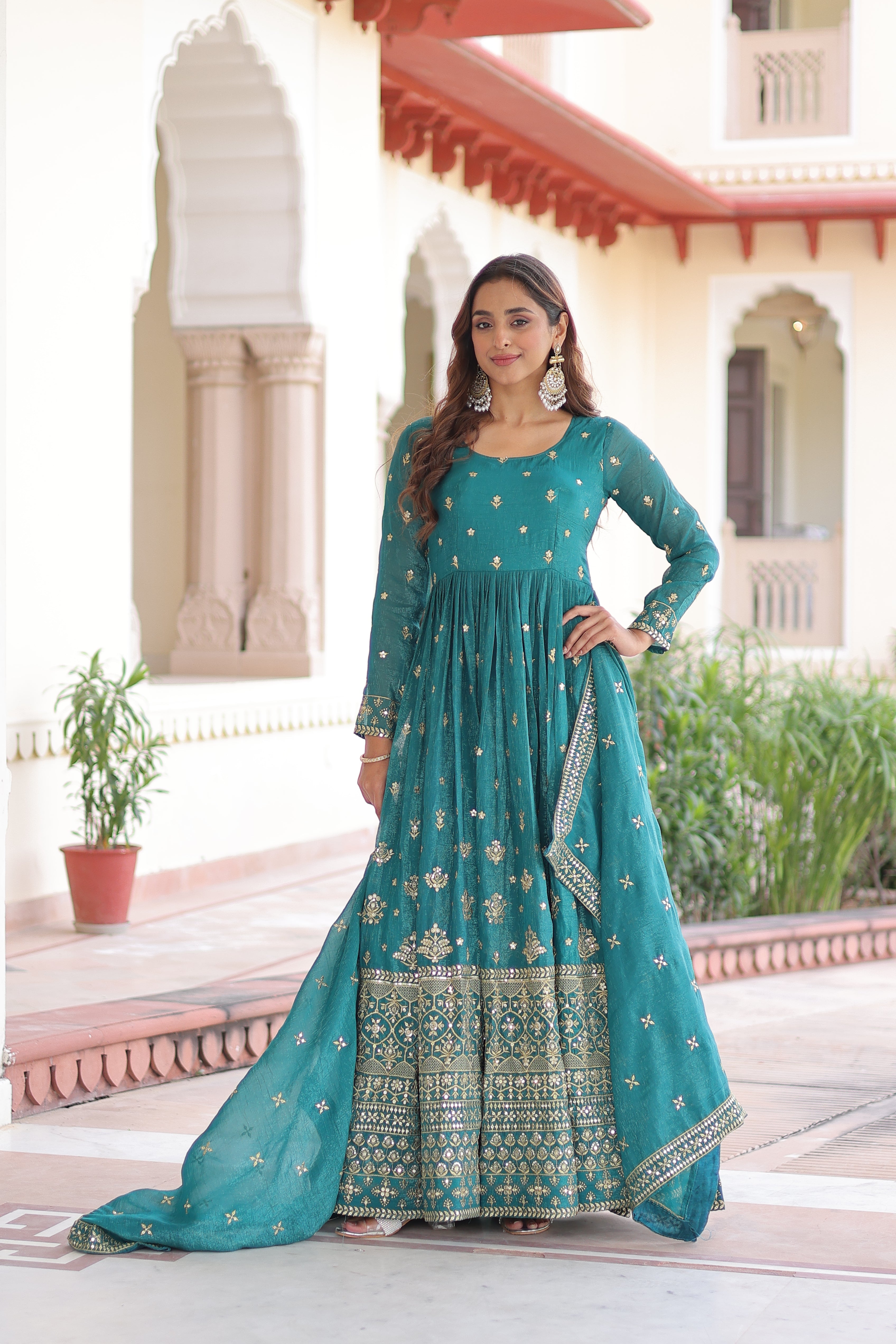 Nasu teal silver crunchy rich sequins embroidered gown with dupatta