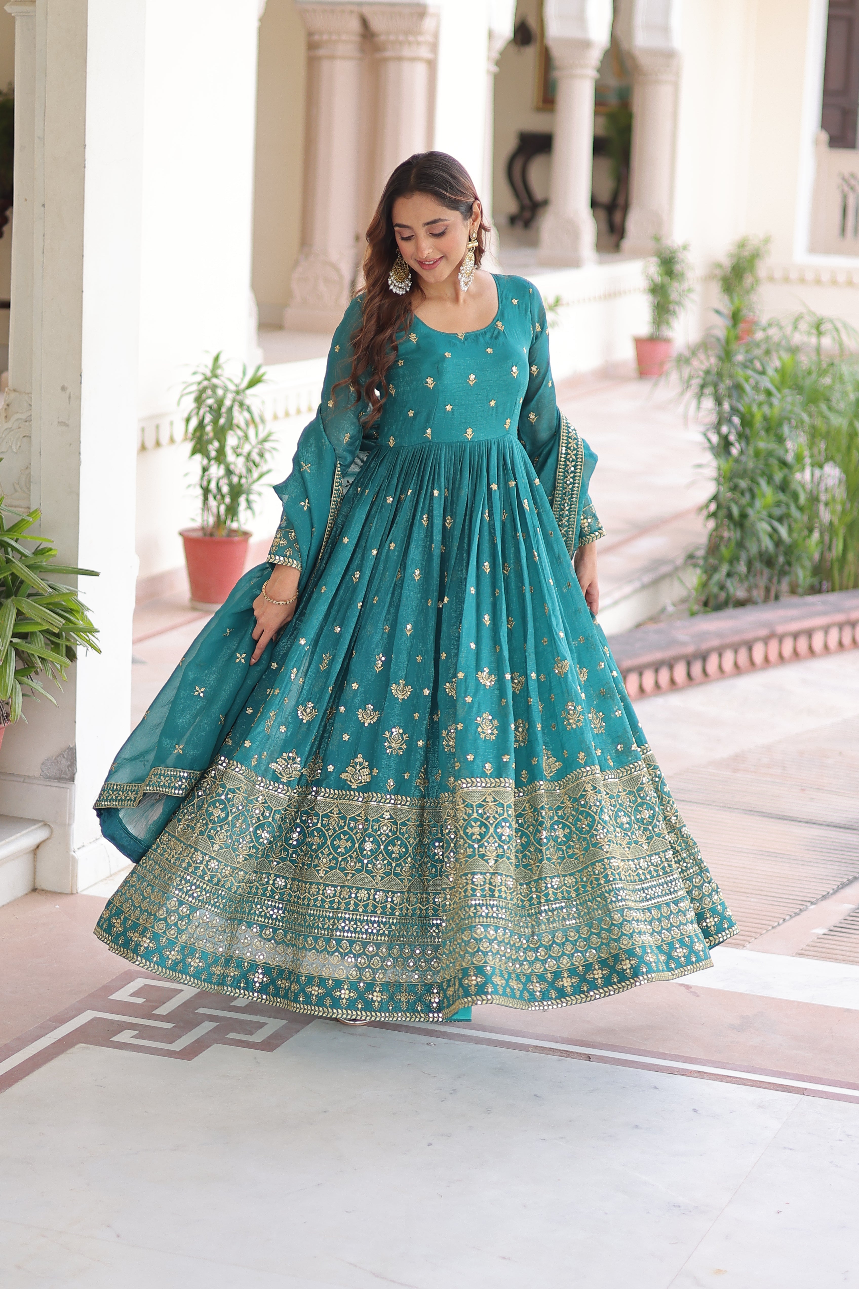 Nasu teal silver crunchy rich sequins embroidered gown with dupatta