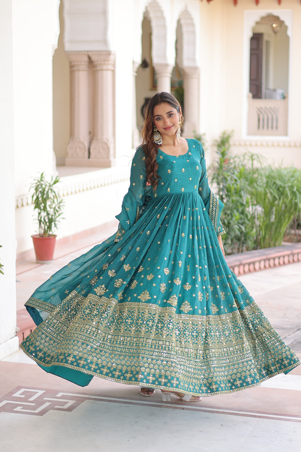 Nasu teal silver crunchy rich sequins embroidered gown with dupatta