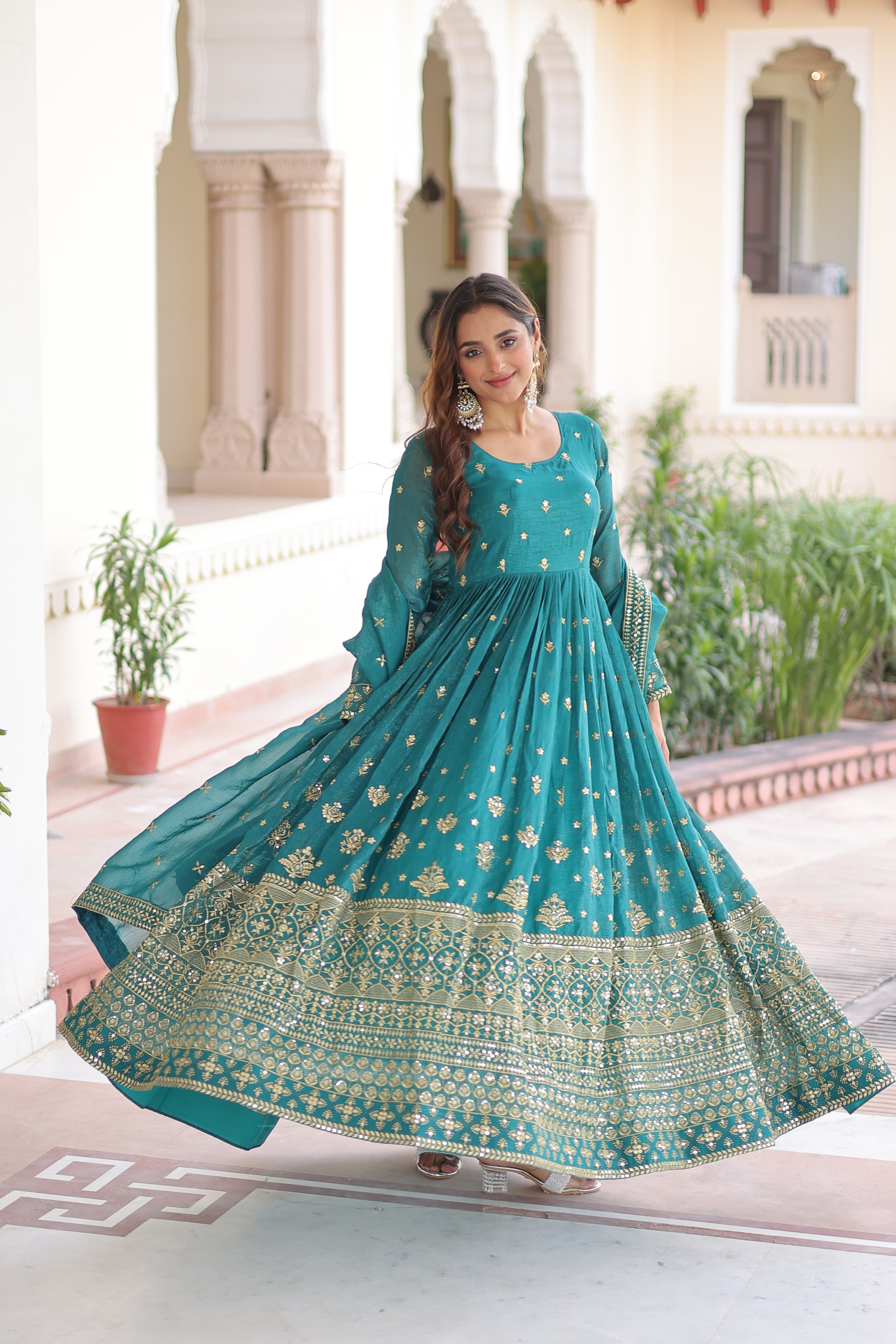 Nasu teal silver crunchy rich sequins embroidered gown with dupatta