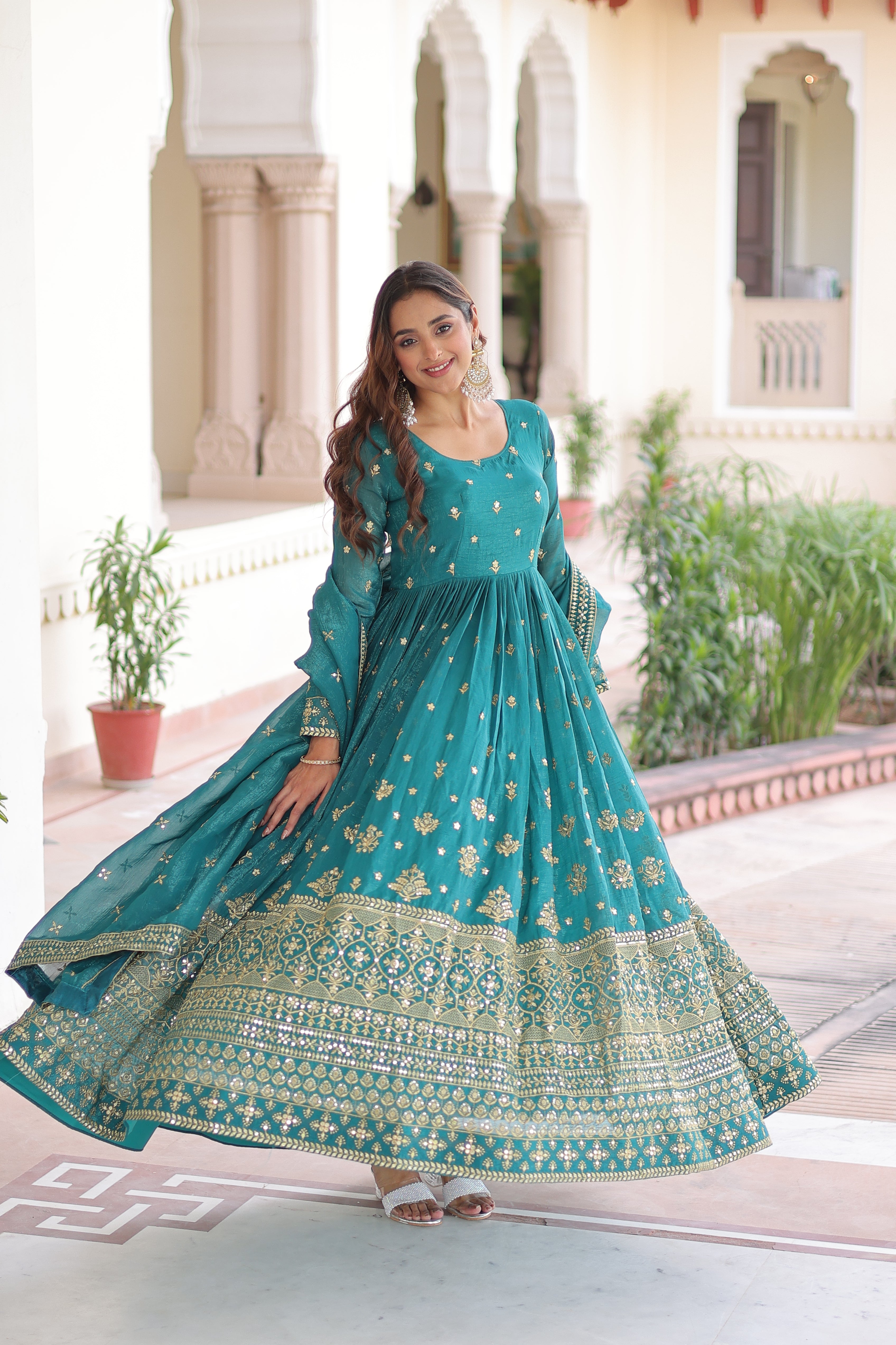 Nasu teal silver crunchy rich sequins embroidered gown with dupatta