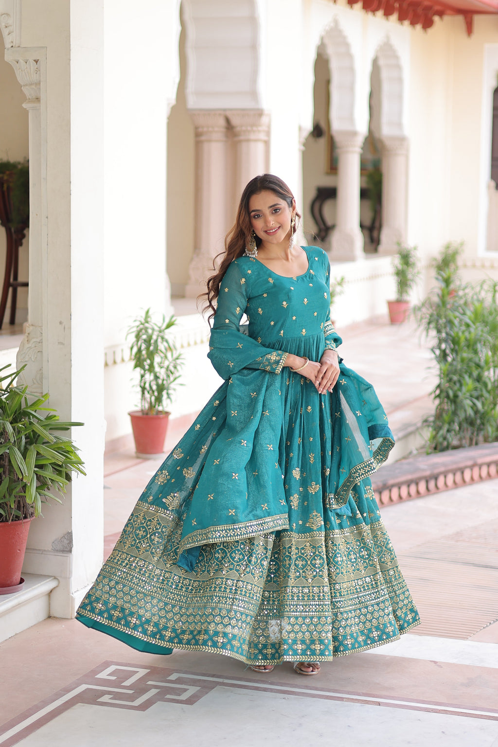 Nasu teal silver crunchy rich sequins embroidered gown with dupatta