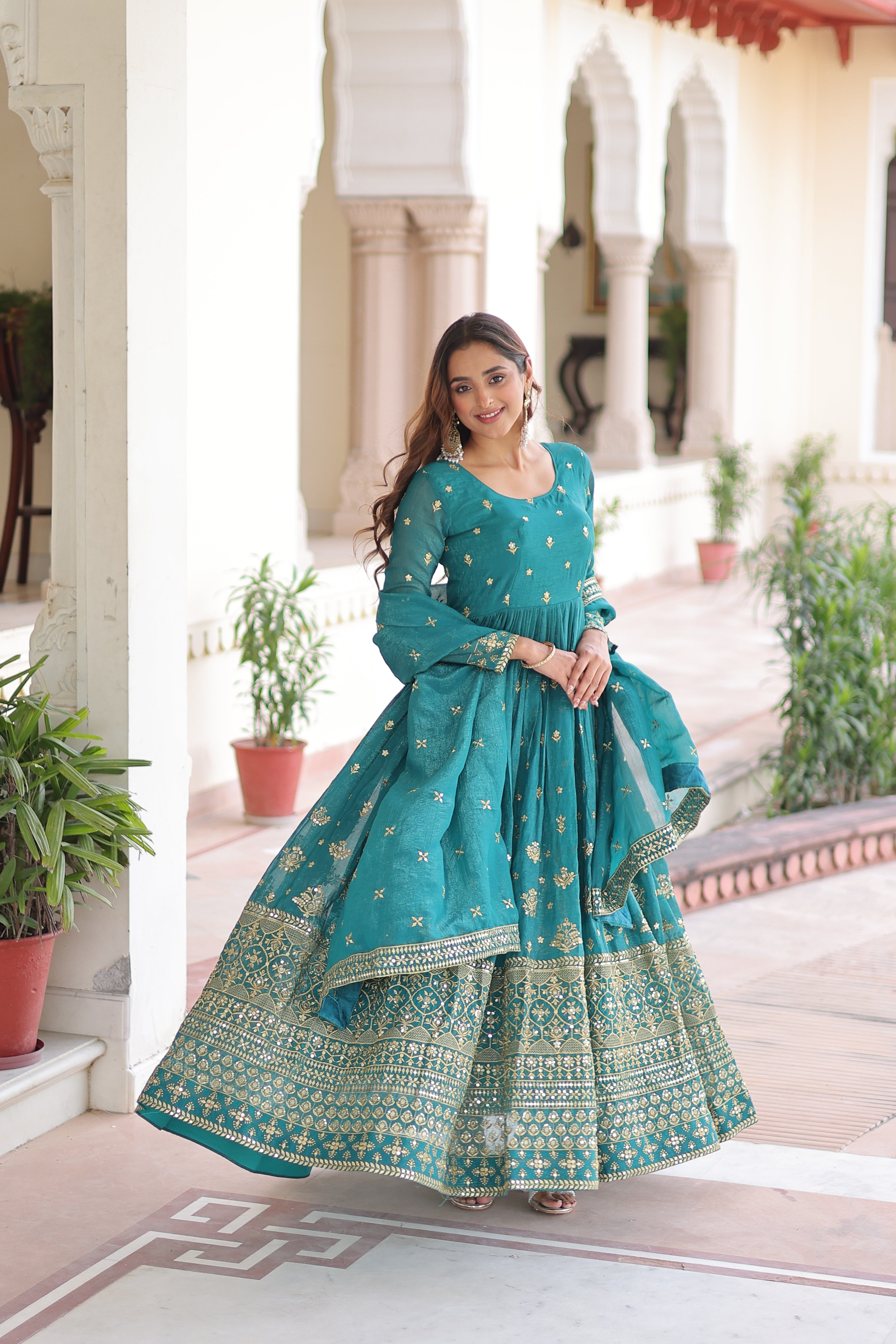 Nasu teal silver crunchy rich sequins embroidered gown with dupatta