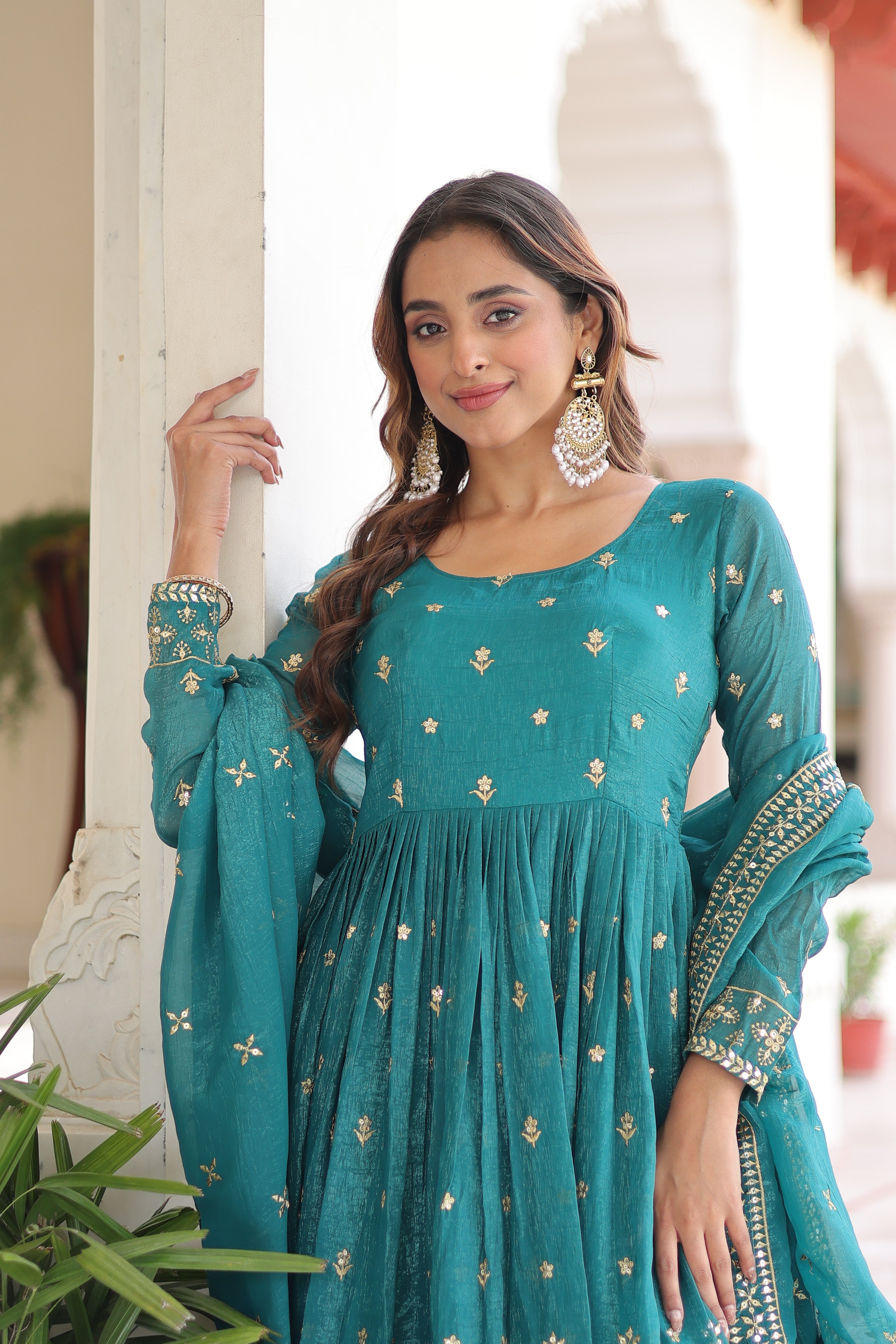 Nasu teal silver crunchy rich sequins embroidered gown with dupatta