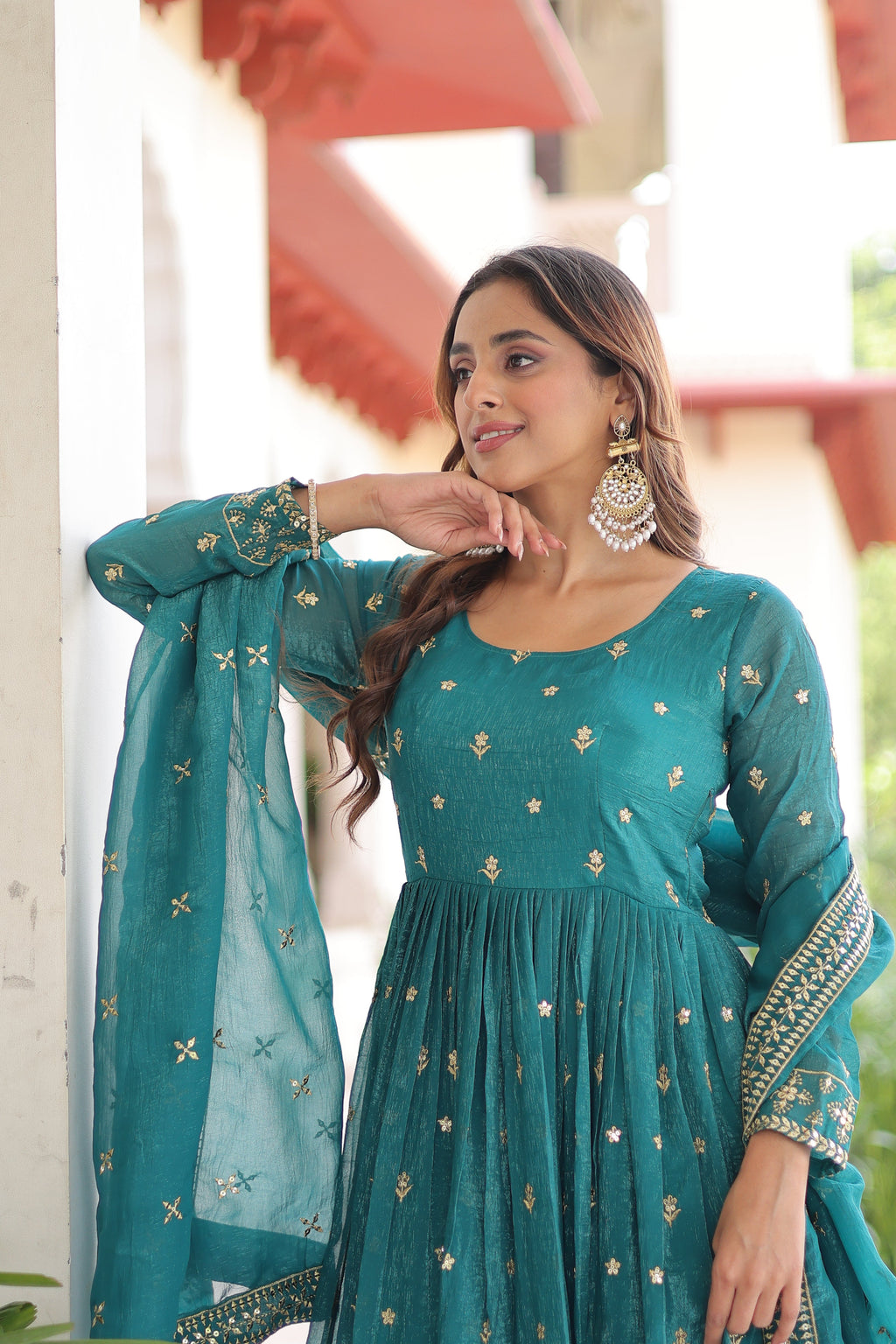 Nasu teal silver crunchy rich sequins embroidered gown with dupatta