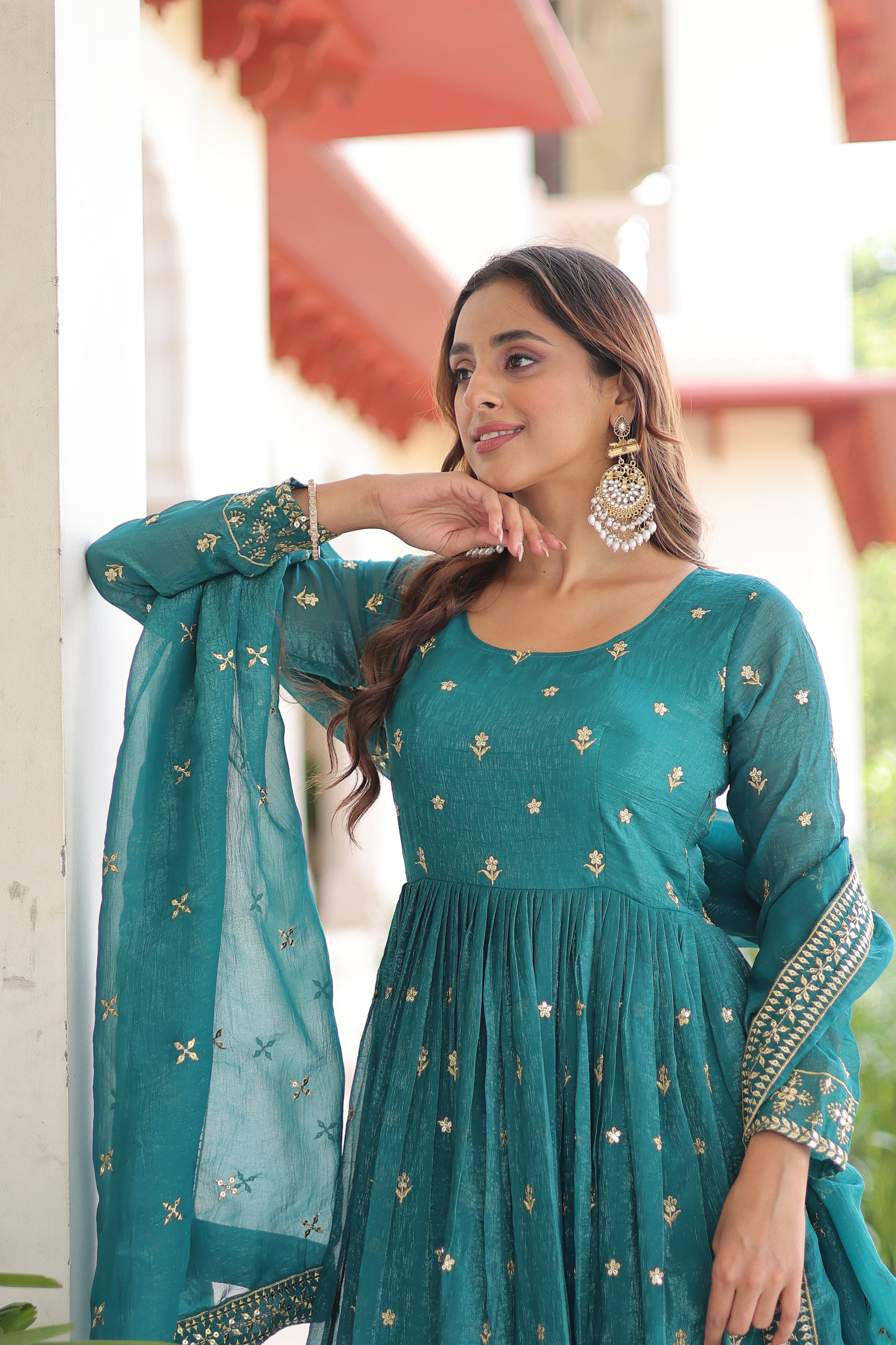 Nasu teal silver crunchy rich sequins embroidered gown with dupatta
