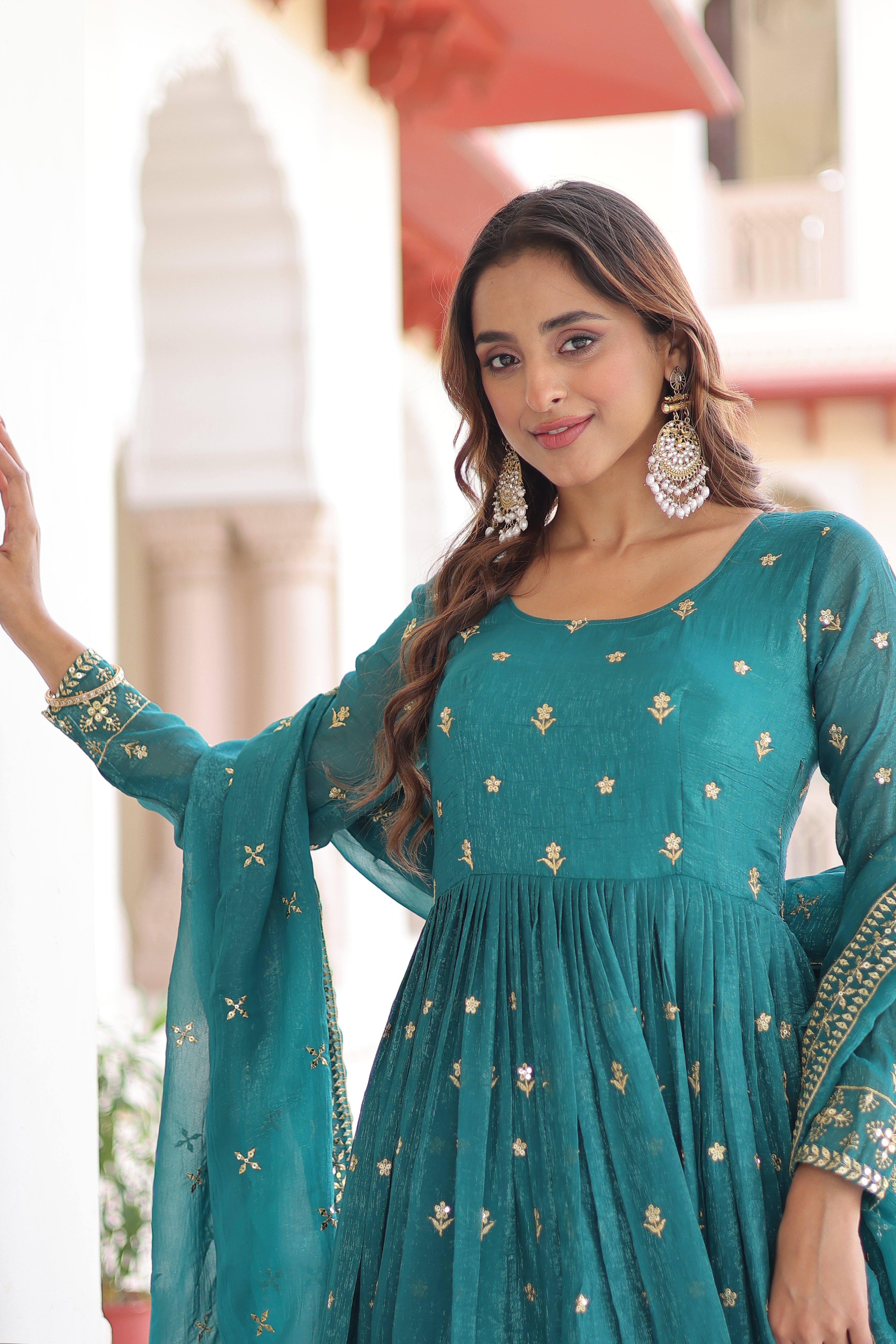 Nasu teal silver crunchy rich sequins embroidered gown with dupatta