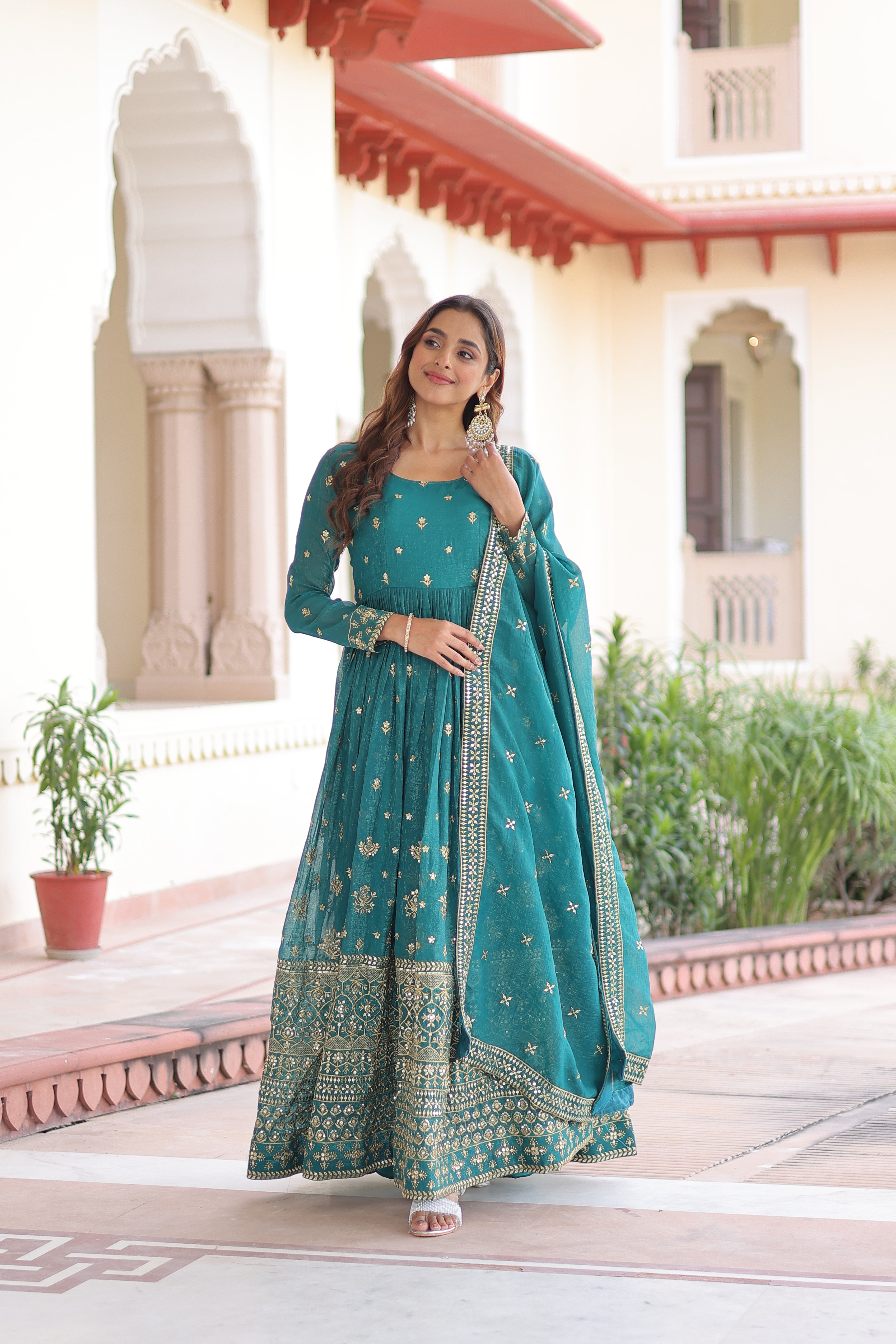 Nasu teal silver crunchy rich sequins embroidered gown with dupatta