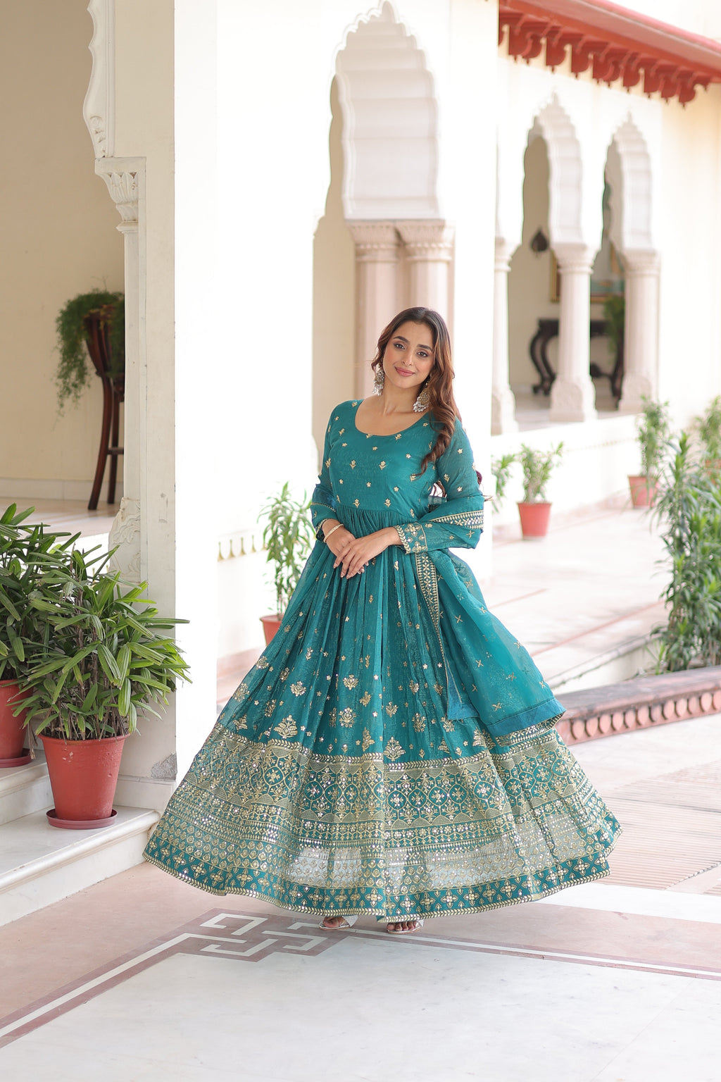 Nasu teal silver crunchy rich sequins embroidered gown with dupatta