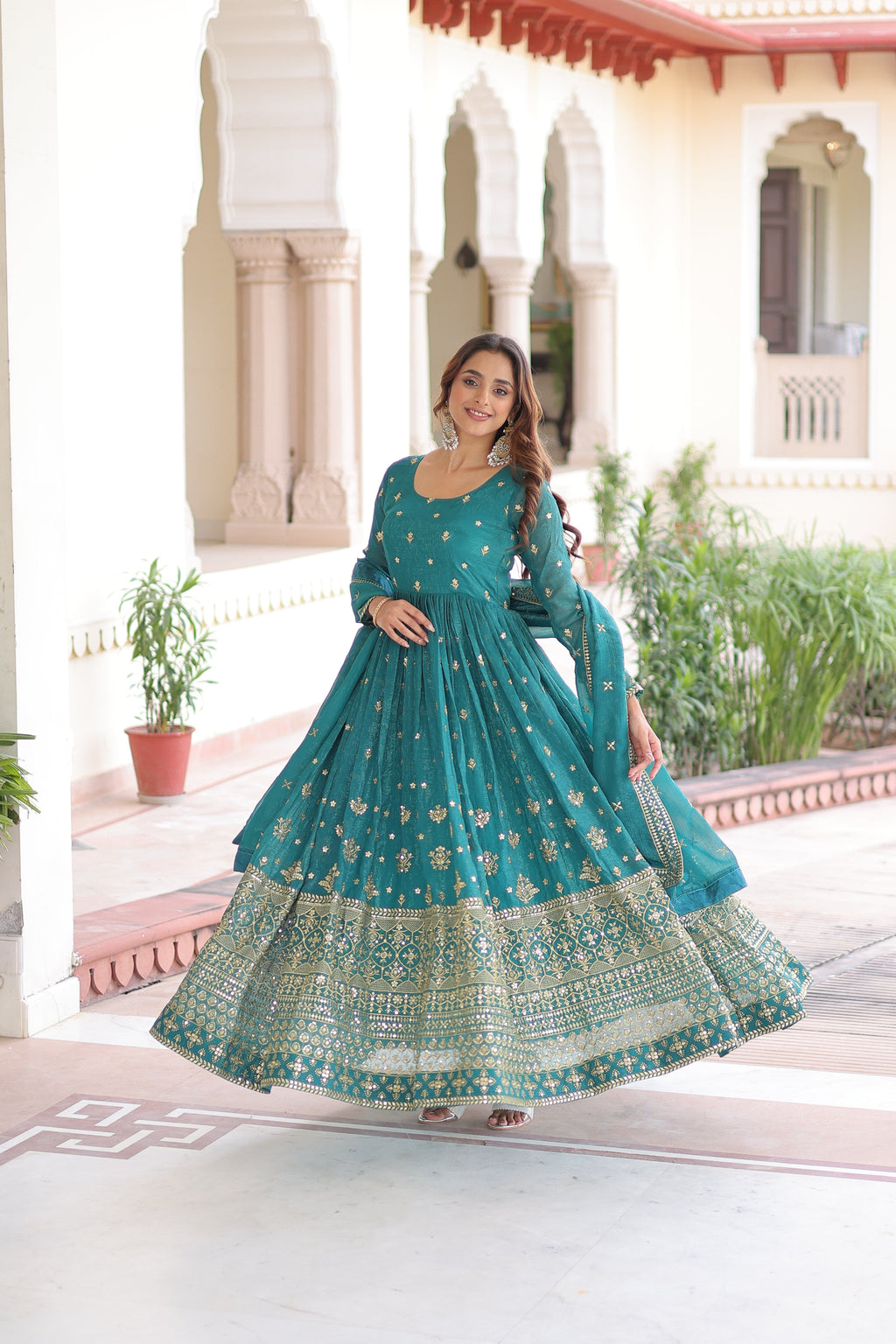 Nasu teal silver crunchy rich sequins embroidered gown with dupatta