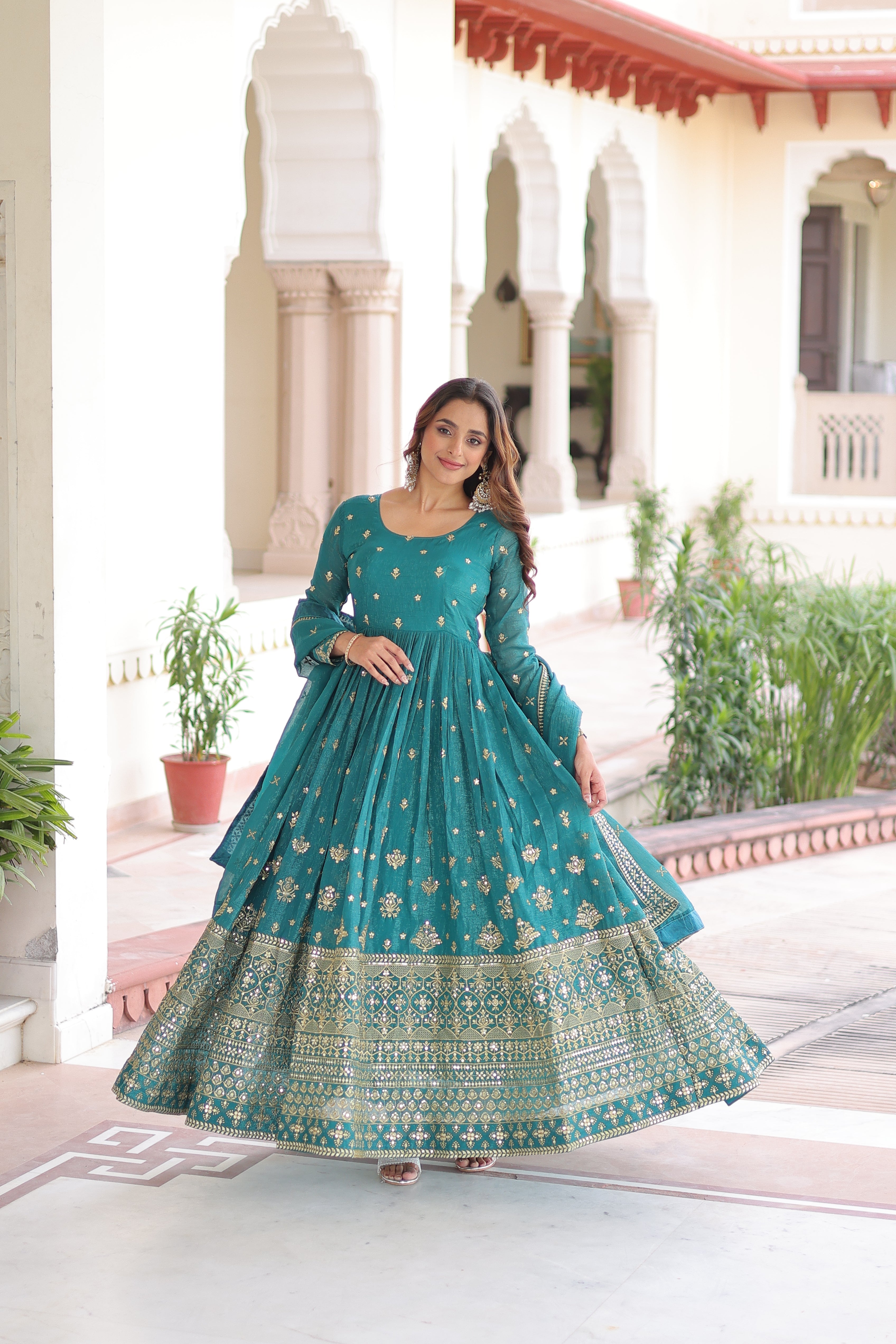 Nasu teal silver crunchy rich sequins embroidered gown with dupatta