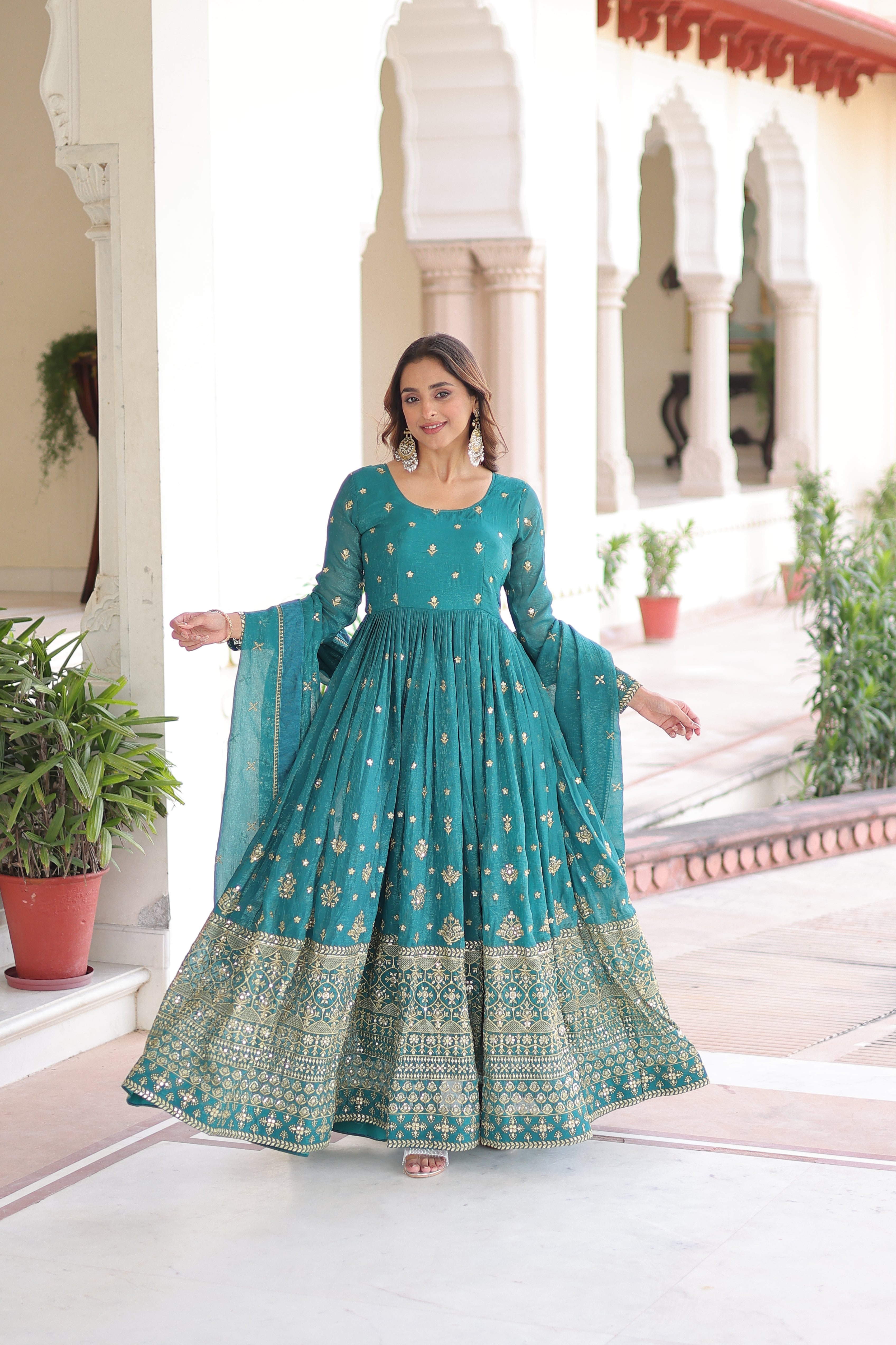 Nasu teal silver crunchy rich sequins embroidered gown with dupatta