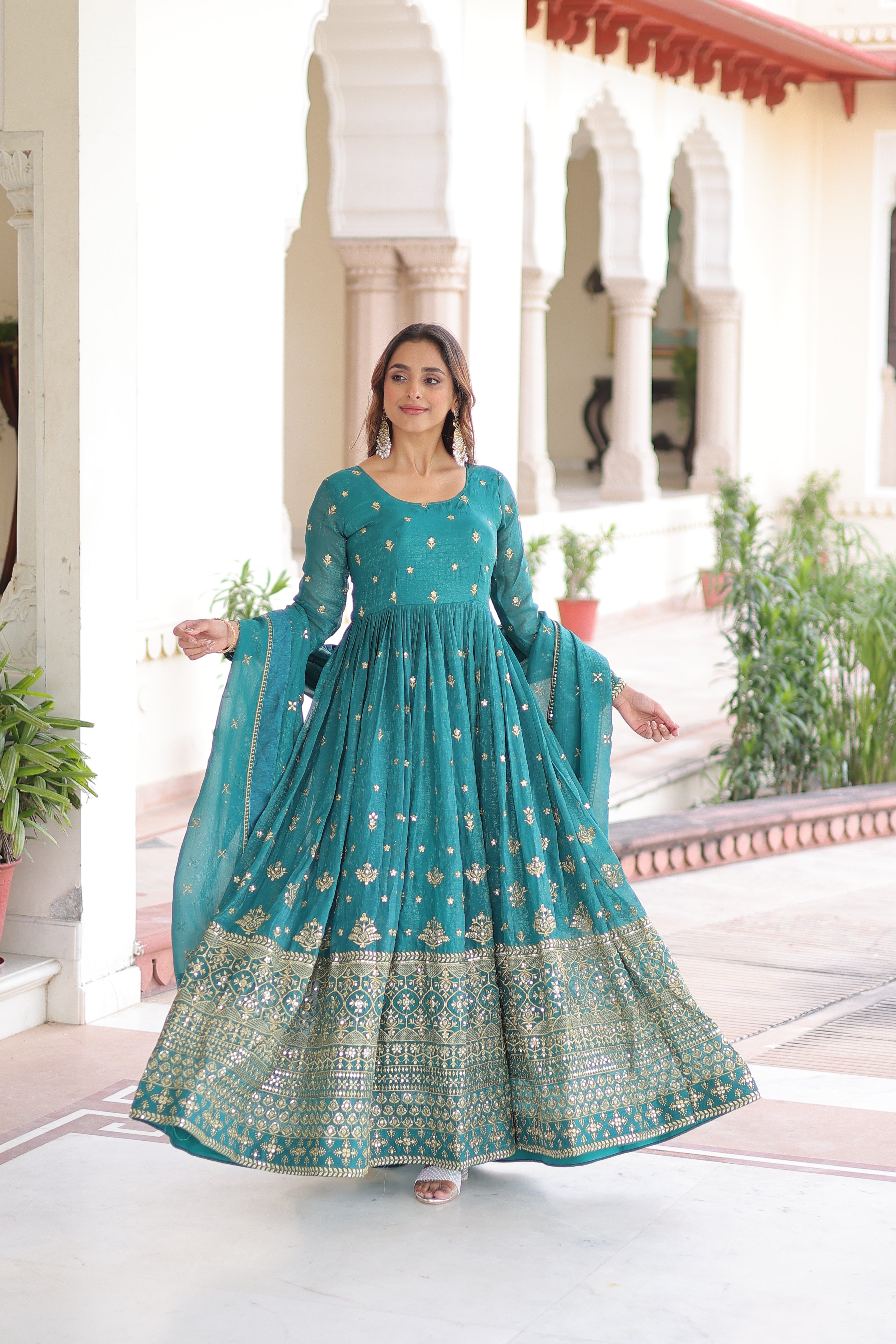 Nasu teal silver crunchy rich sequins embroidered gown with dupatta