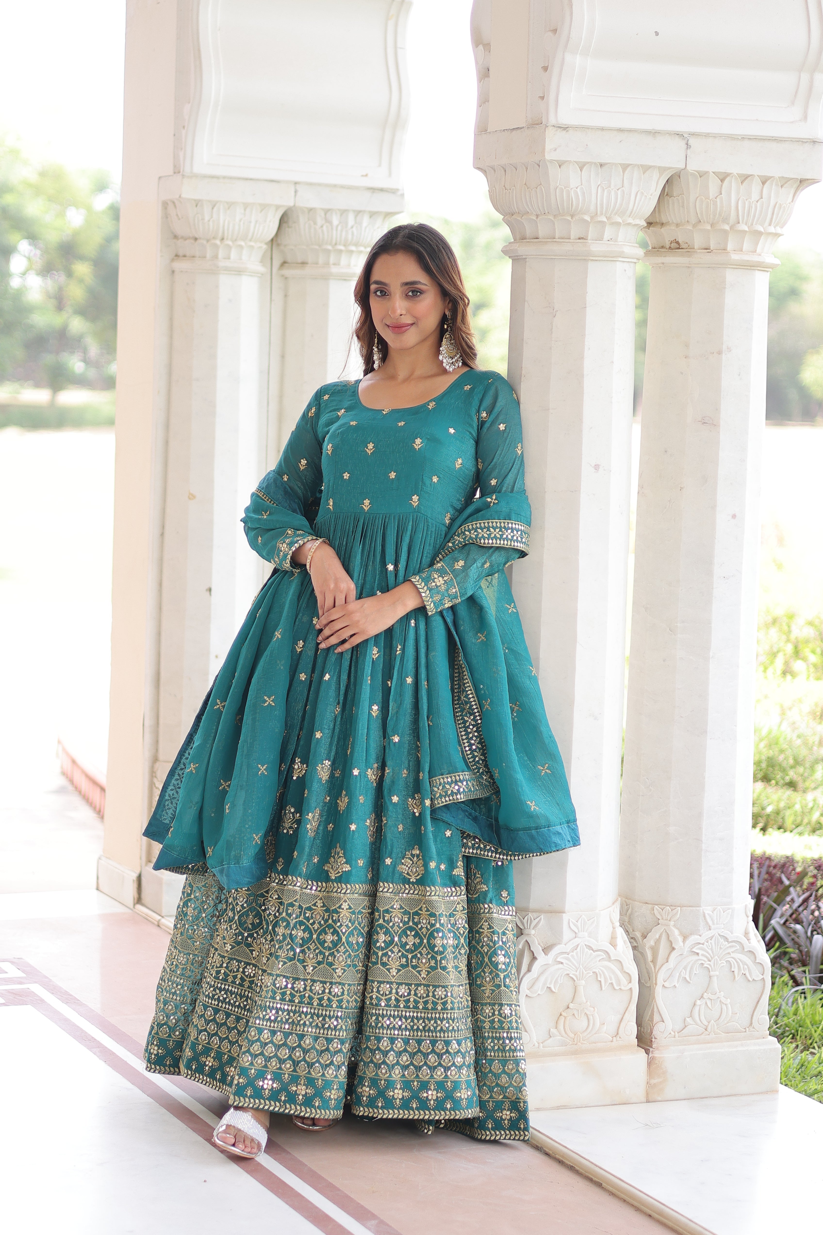 Nasu teal silver crunchy rich sequins embroidered gown with dupatta
