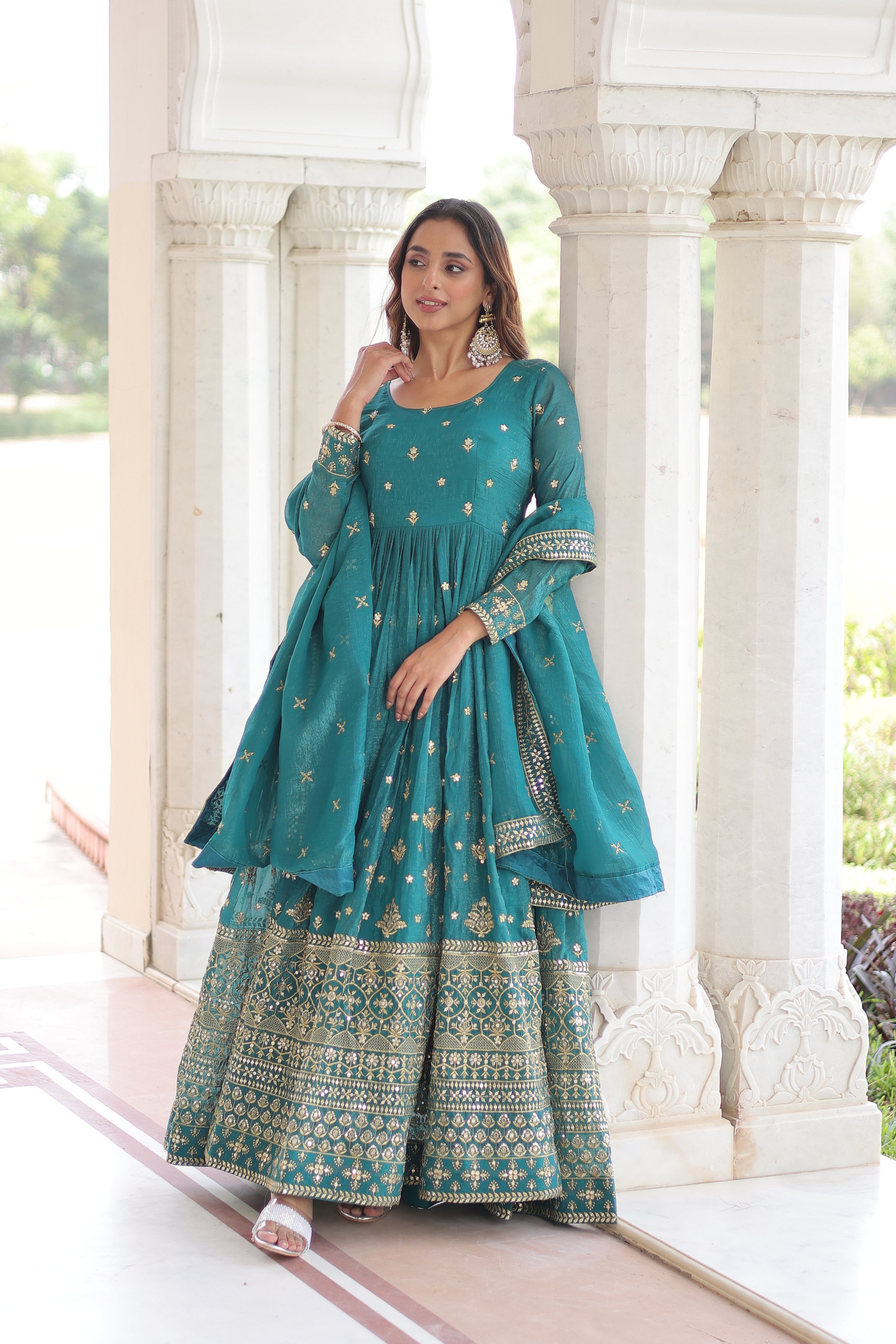 Nasu teal silver crunchy rich sequins embroidered gown with dupatta