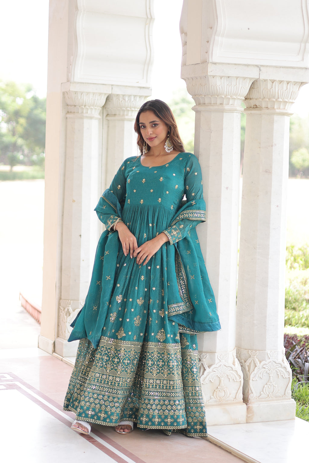 Nasu teal silver crunchy rich sequins embroidered gown with dupatta