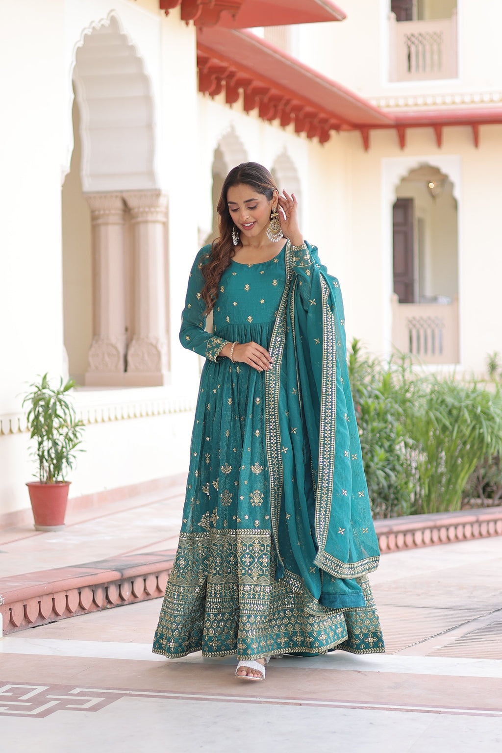 Nasu teal silver crunchy rich sequins embroidered gown with dupatta