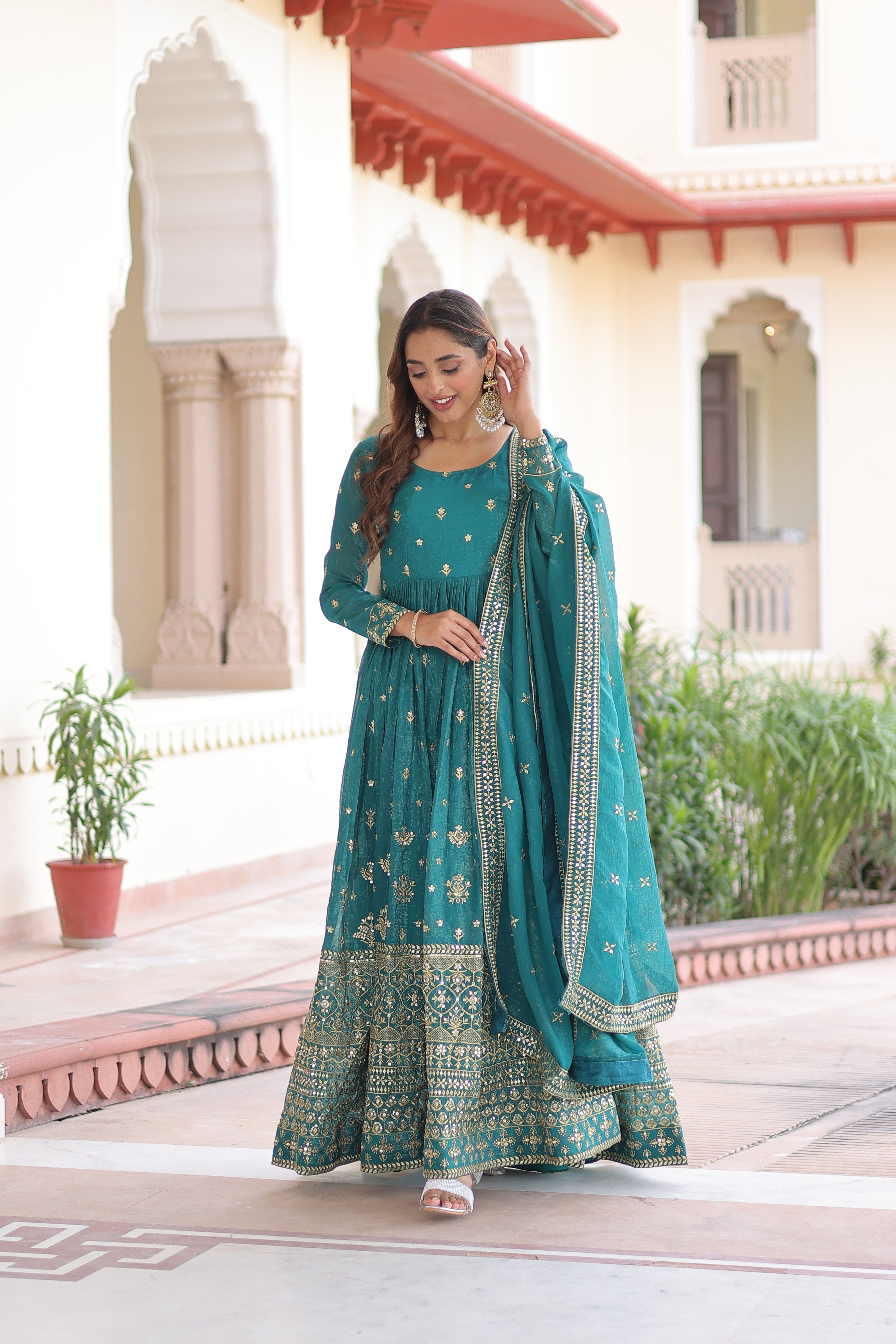 Nasu teal silver crunchy rich sequins embroidered gown with dupatta