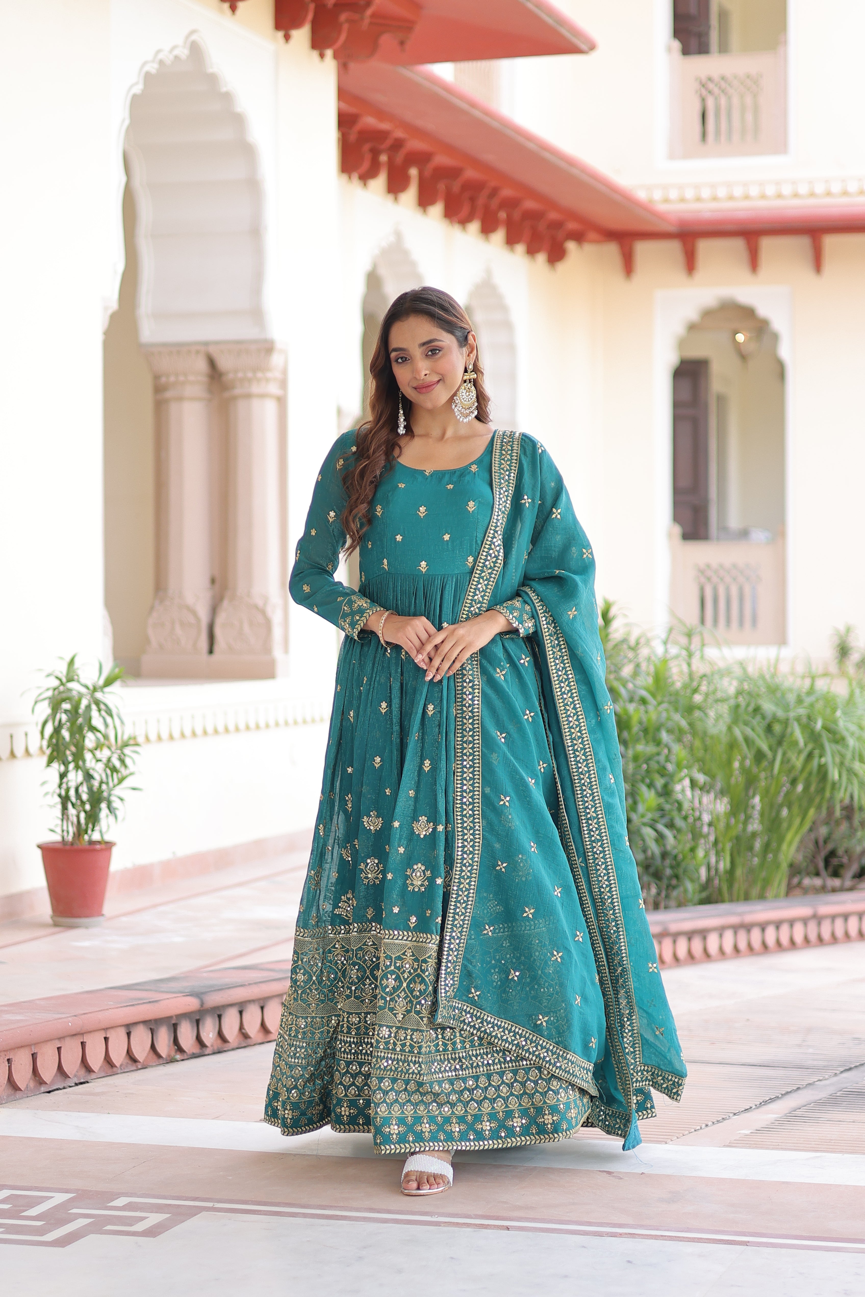 Nasu teal silver crunchy rich sequins embroidered gown with dupatta