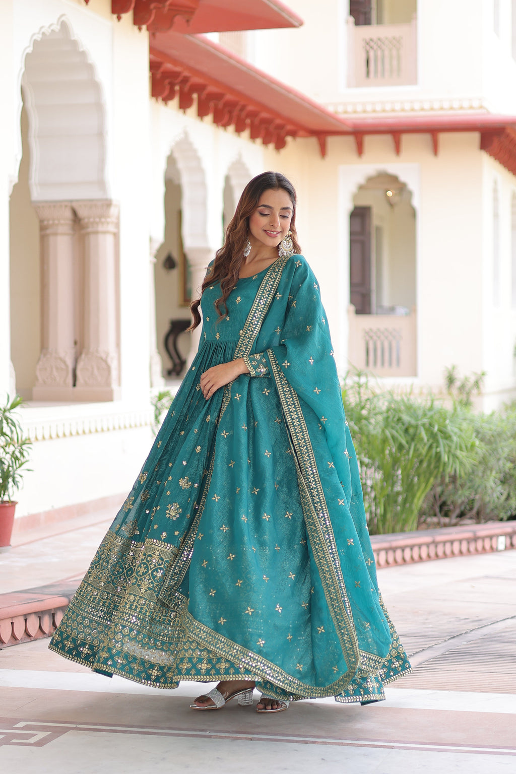 Nasu teal silver crunchy rich sequins embroidered gown with dupatta