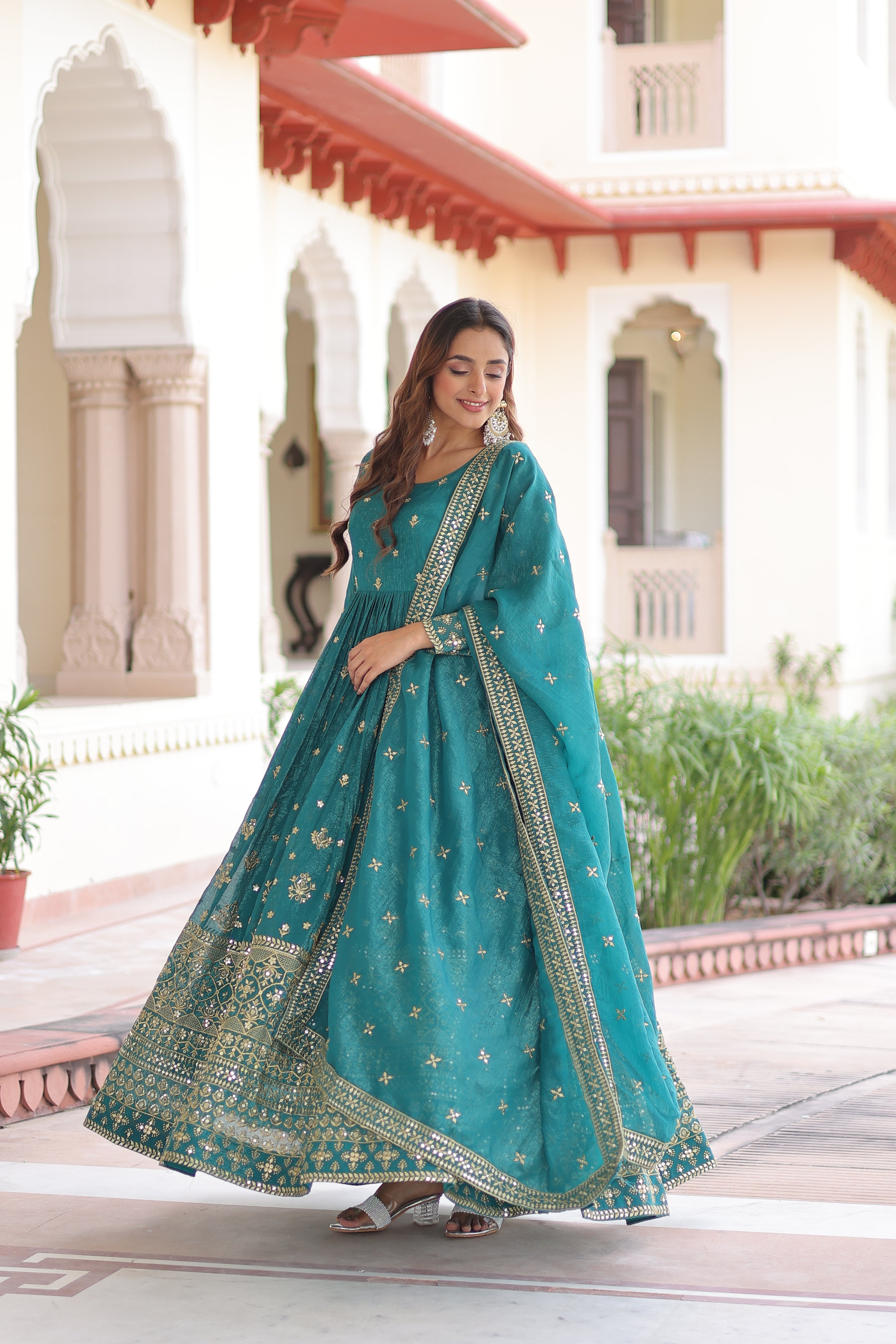 Nasu teal silver crunchy rich sequins embroidered gown with dupatta