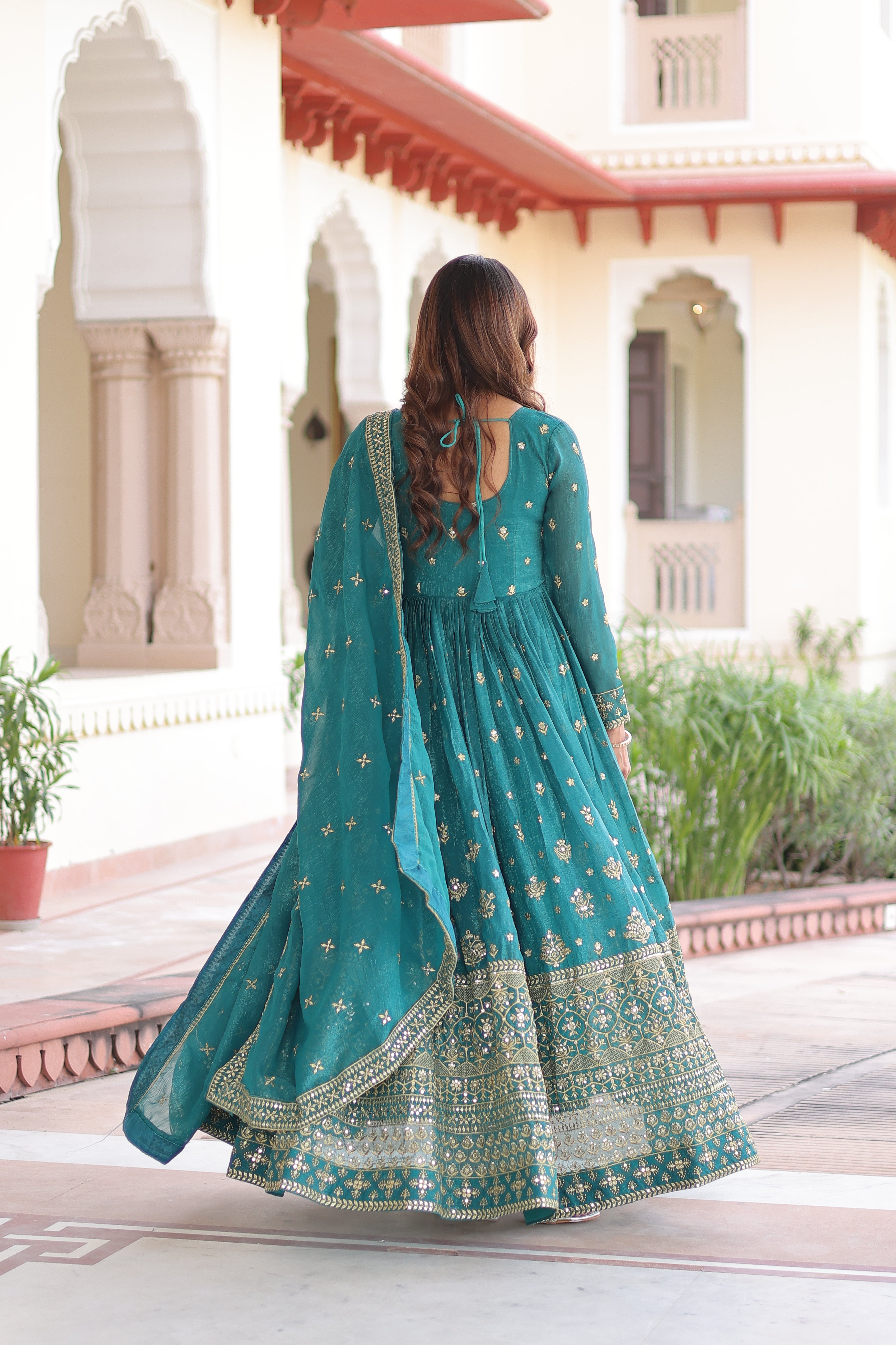 Nasu teal silver crunchy rich sequins embroidered gown with dupatta