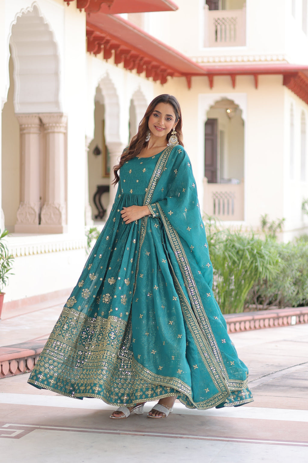 Nasu teal silver crunchy rich sequins embroidered gown with dupatta