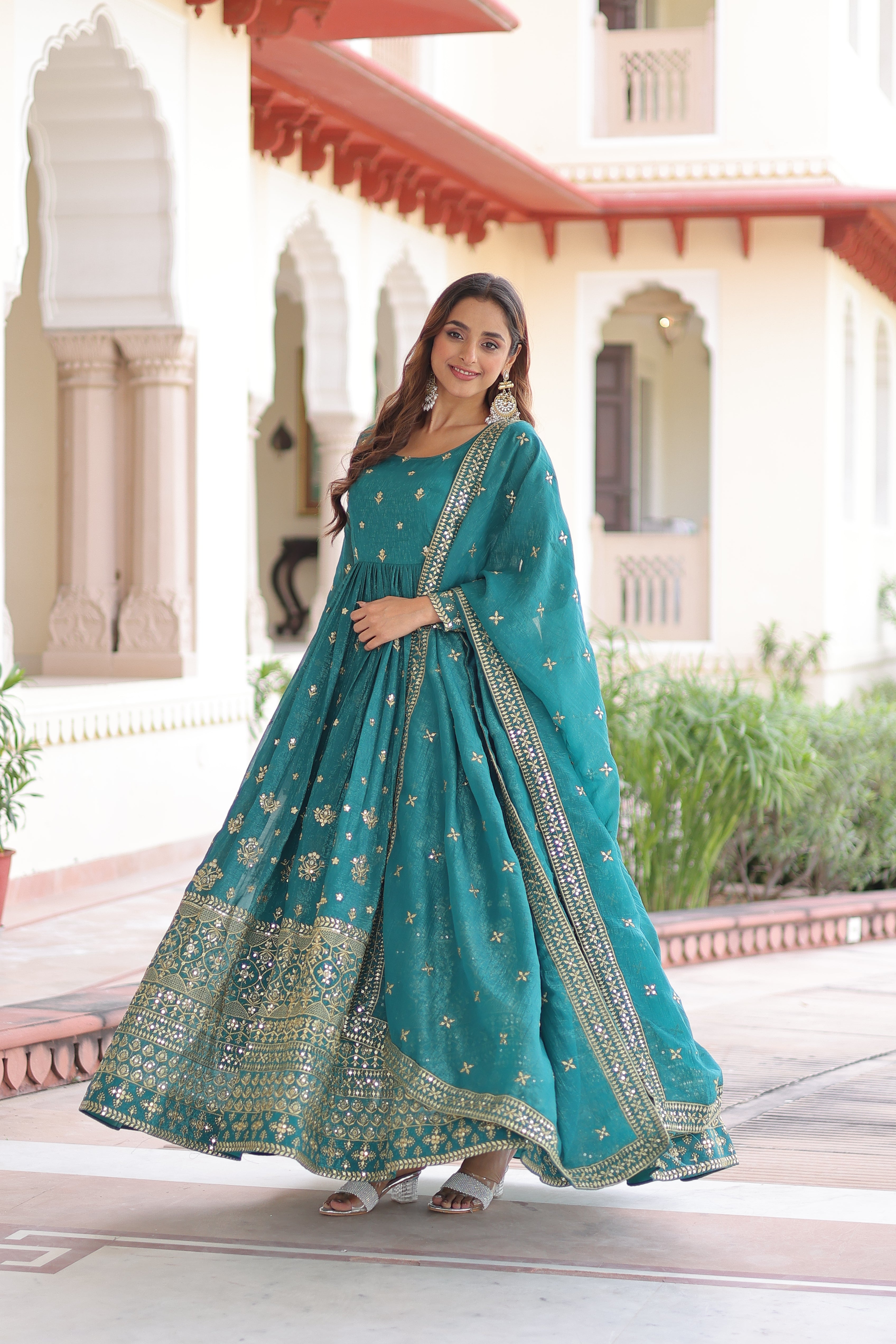 Nasu teal silver crunchy rich sequins embroidered gown with dupatta