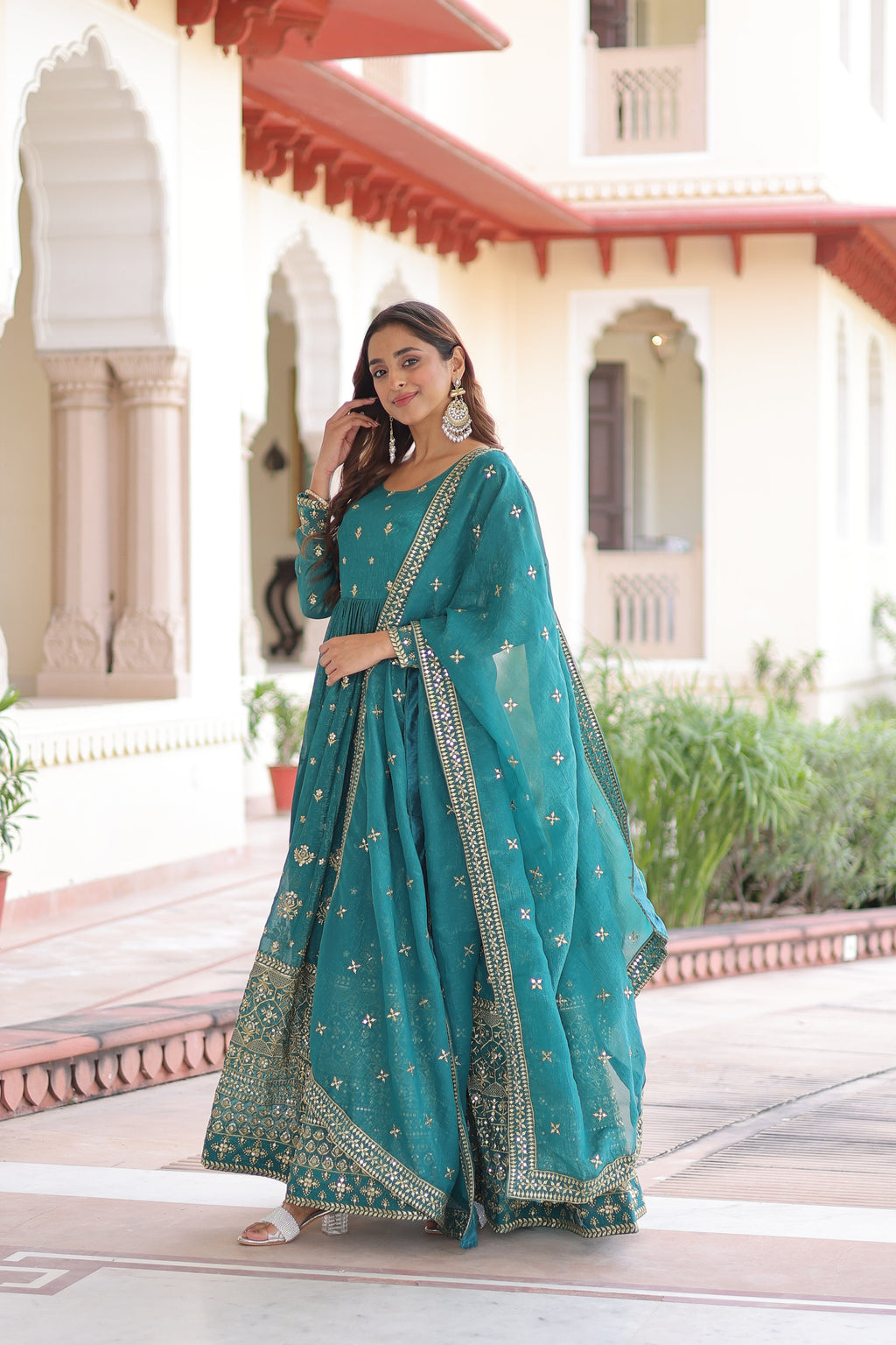 Nasu teal silver crunchy rich sequins embroidered gown with dupatta
