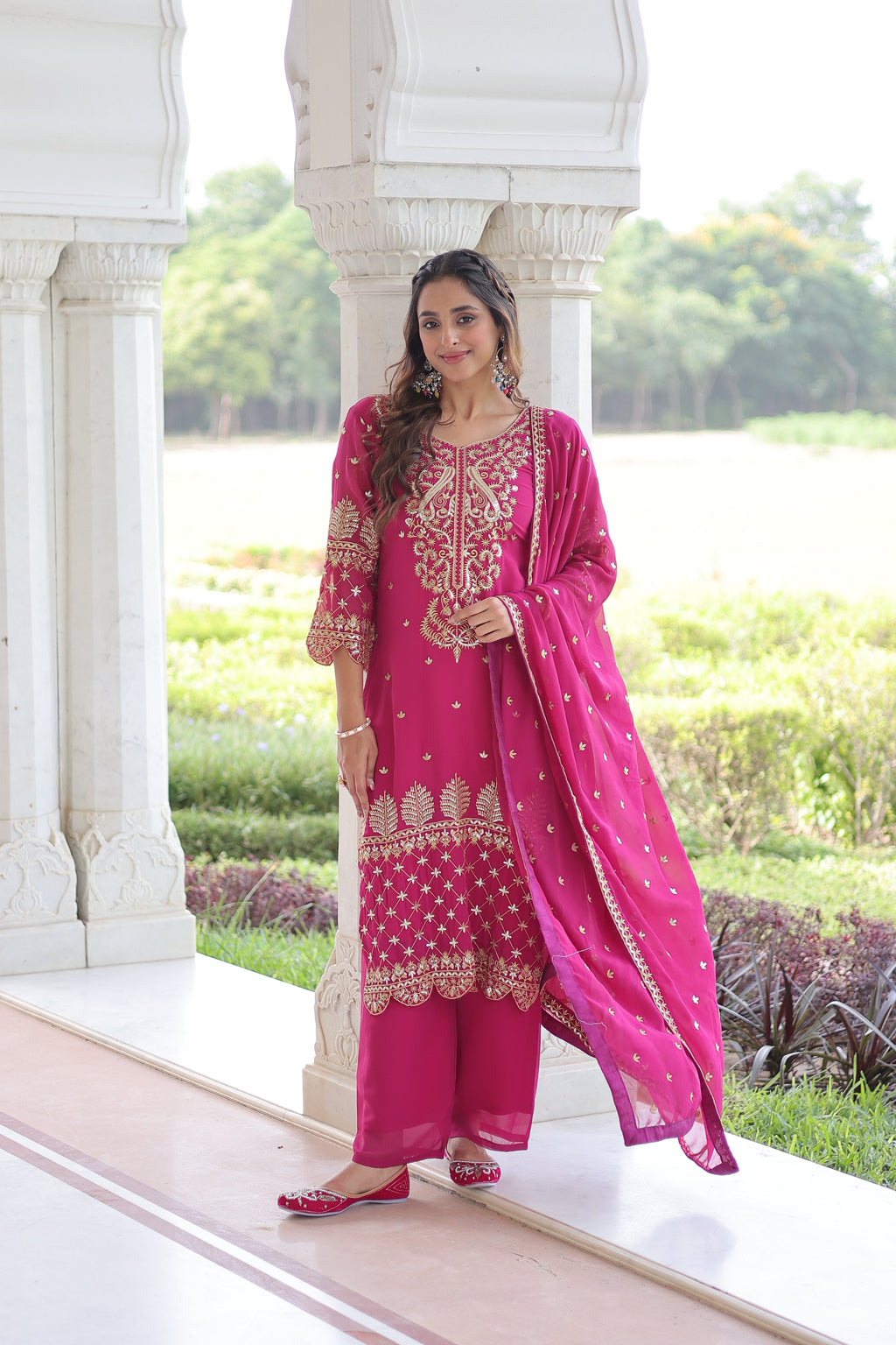 Irya pink faux blooming embroidered kurti set with dupatta
