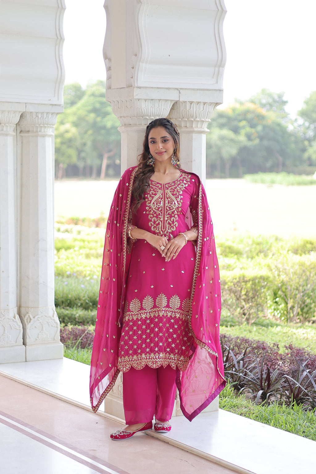 Irya pink faux blooming embroidered kurti set with dupatta