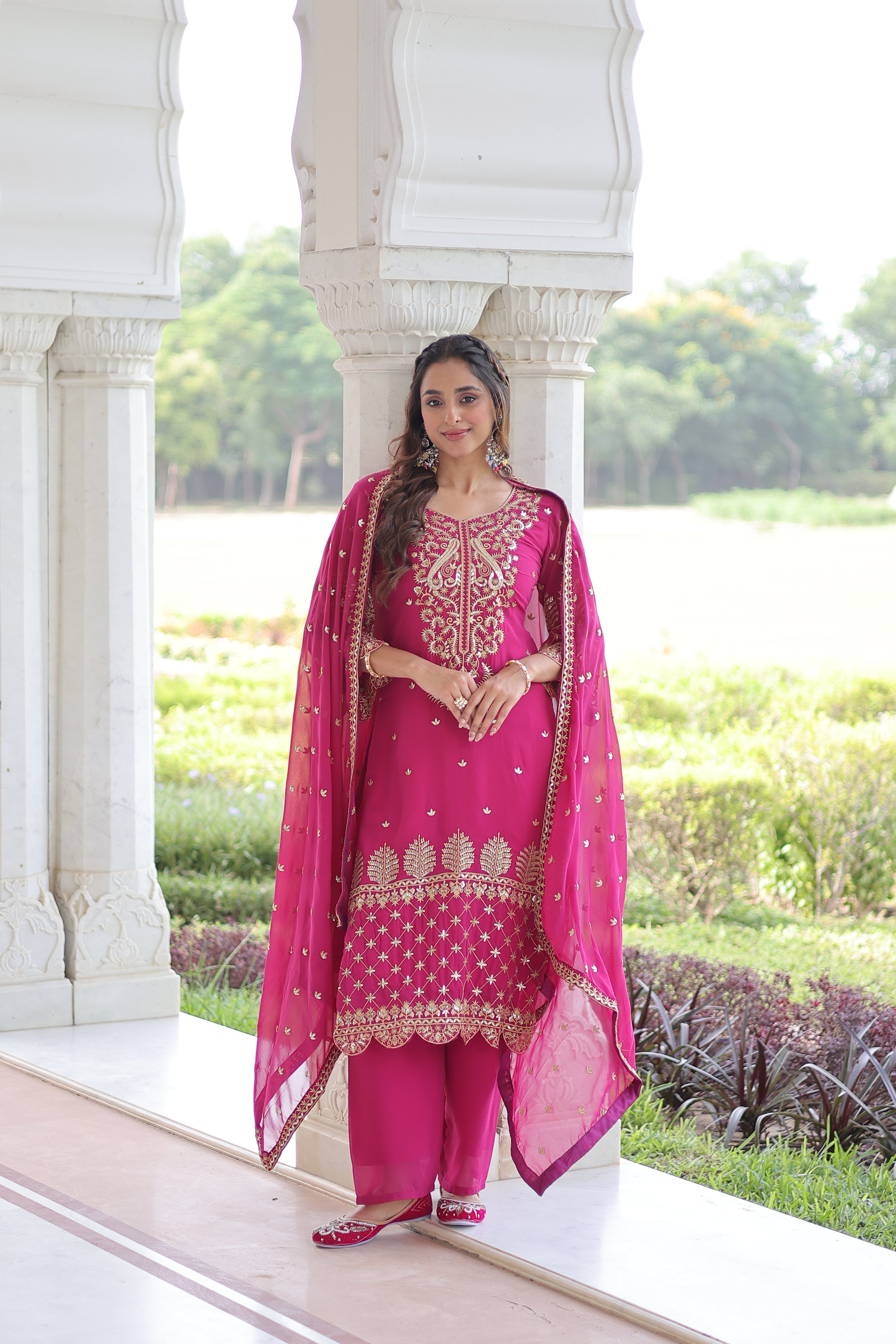 Irya pink faux blooming embroidered kurti set with dupatta