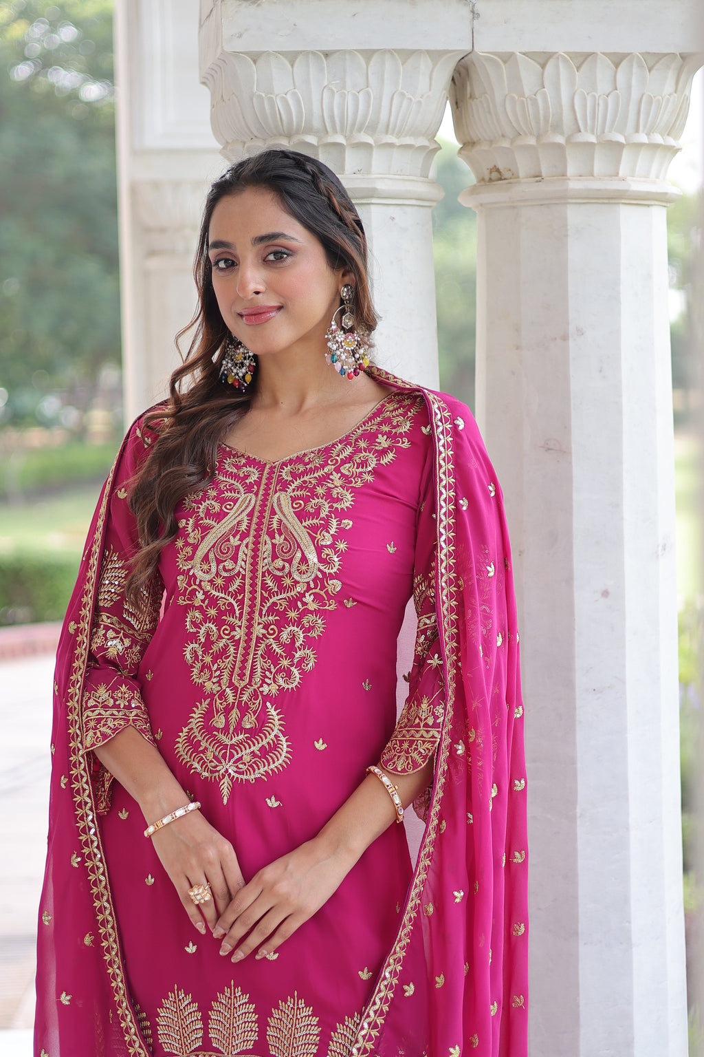 Irya pink faux blooming embroidered kurti set with dupatta