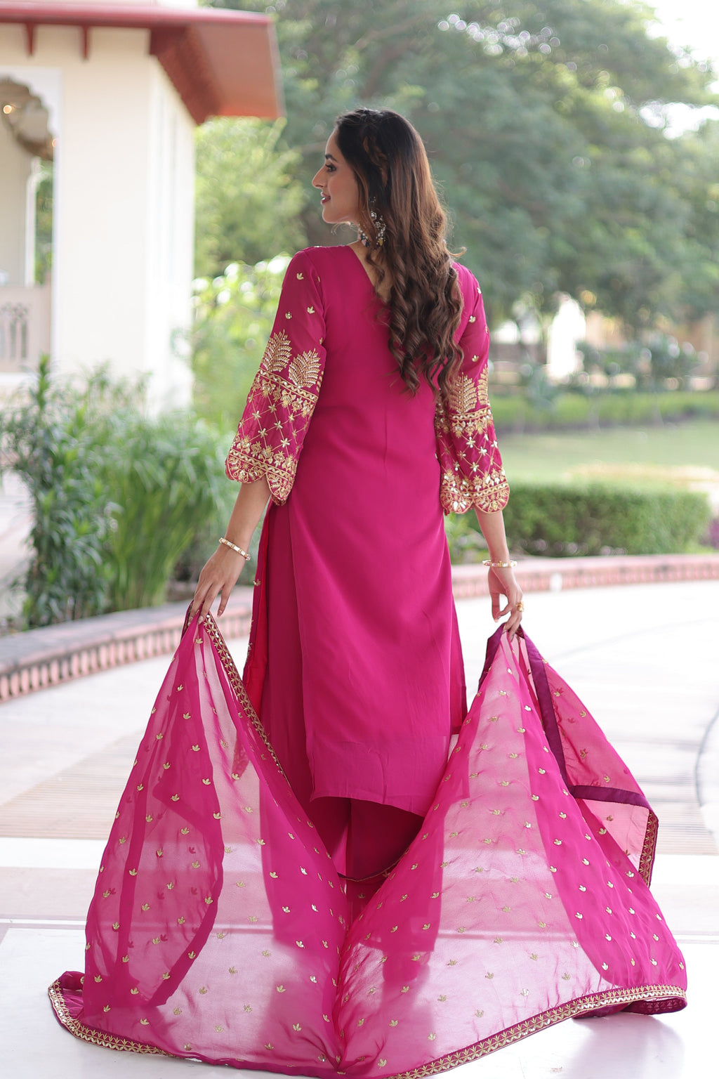 Irya pink faux blooming embroidered kurti set with dupatta