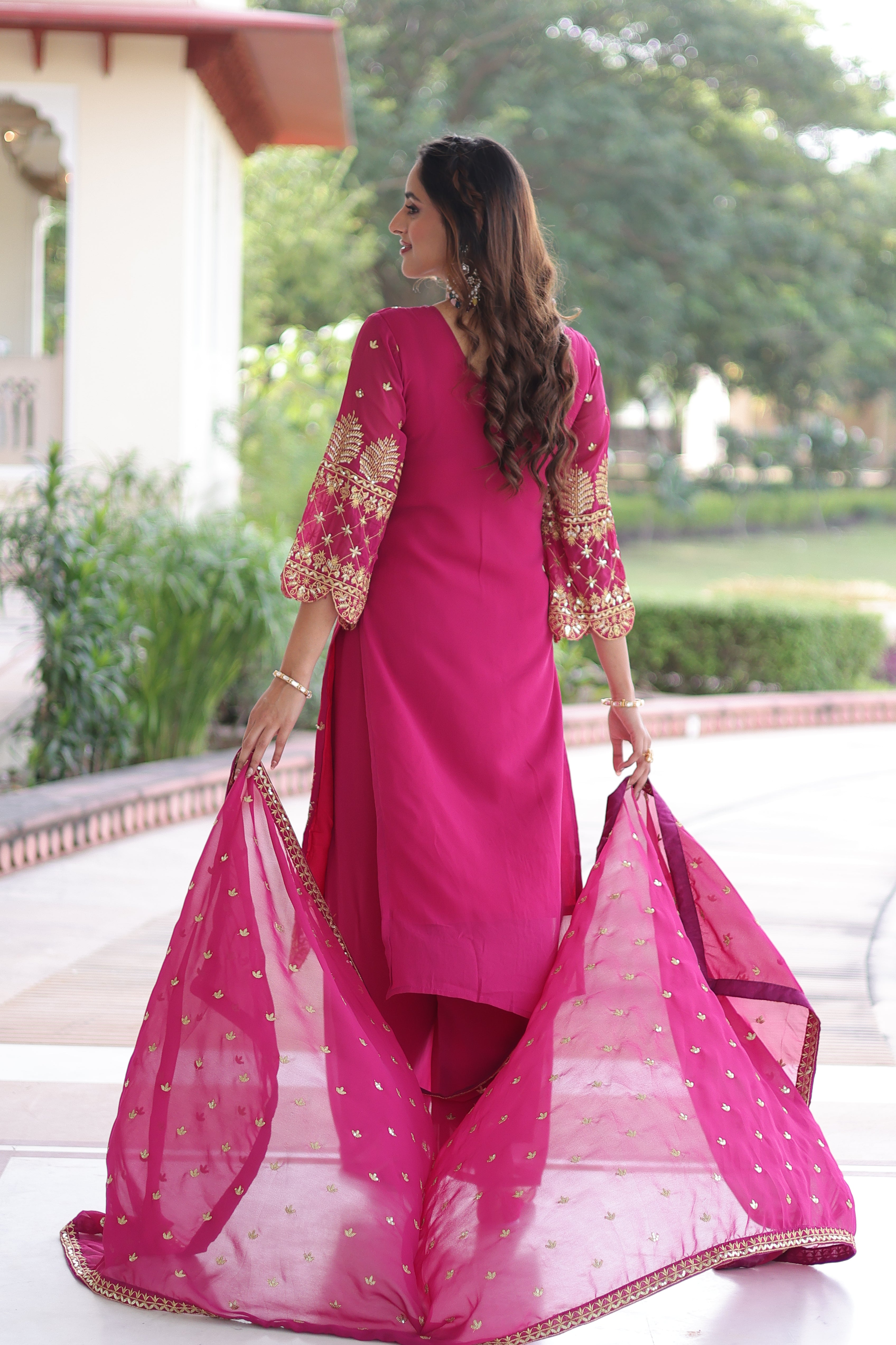 Irya pink faux blooming embroidered kurti set with dupatta