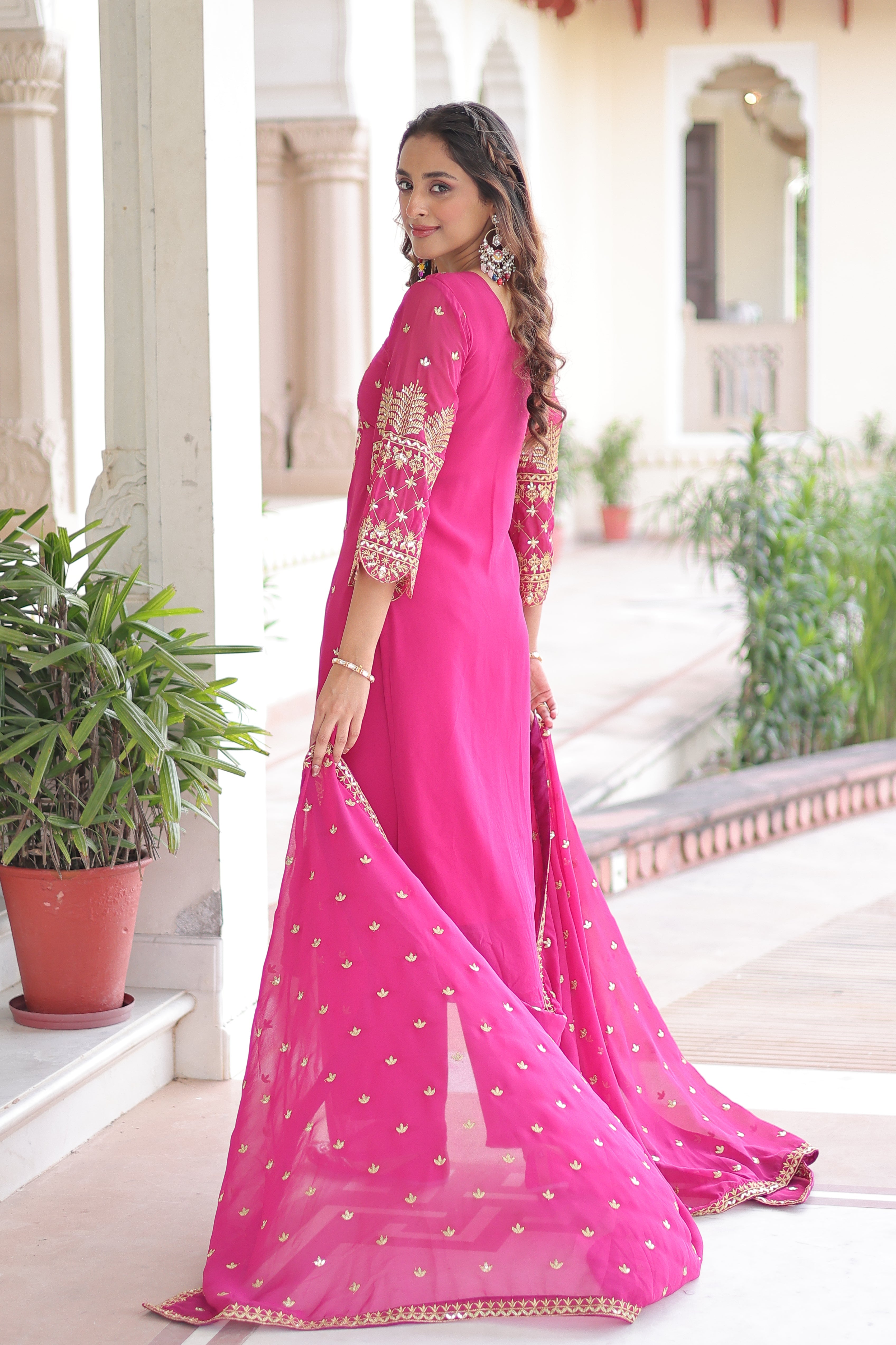 Irya pink faux blooming embroidered kurti set with dupatta