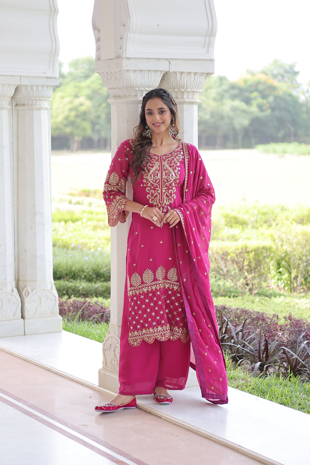 Irya pink faux blooming embroidered kurti set with dupatta