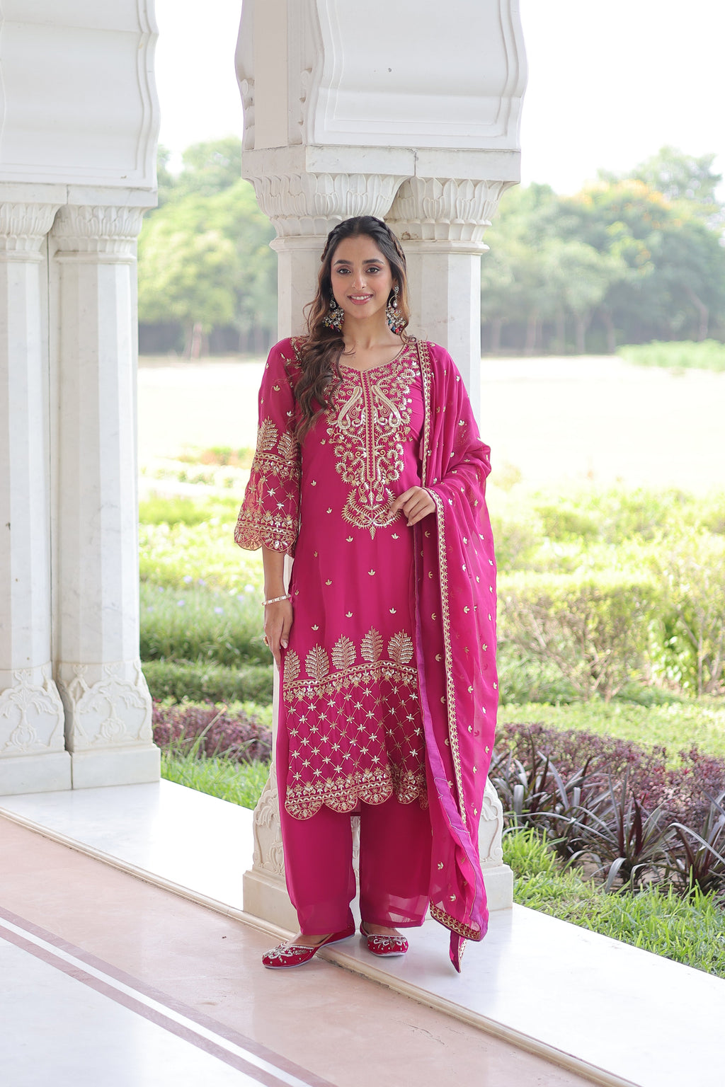 Irya pink faux blooming embroidered kurti set with dupatta