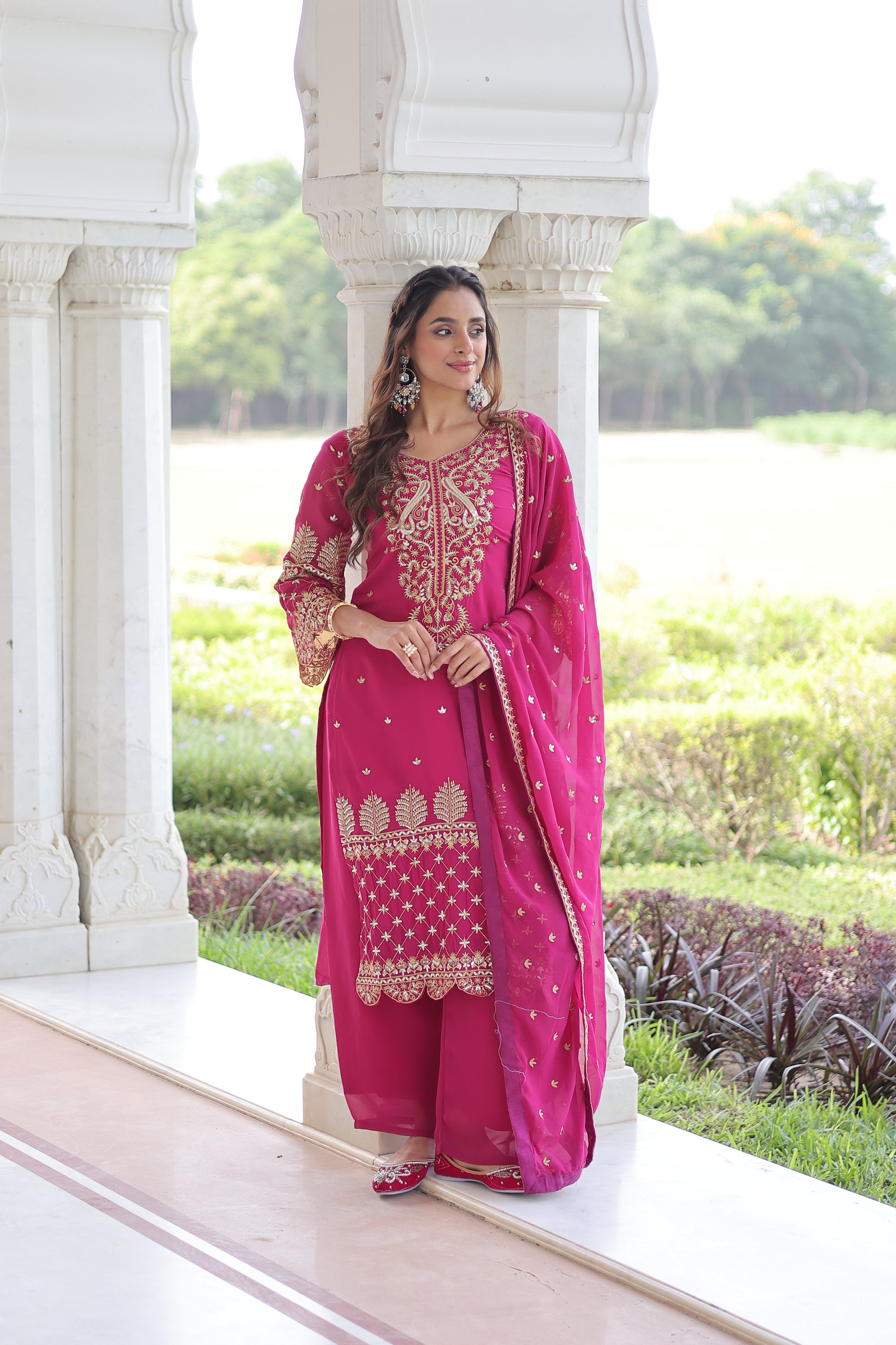Irya pink faux blooming embroidered kurti set with dupatta