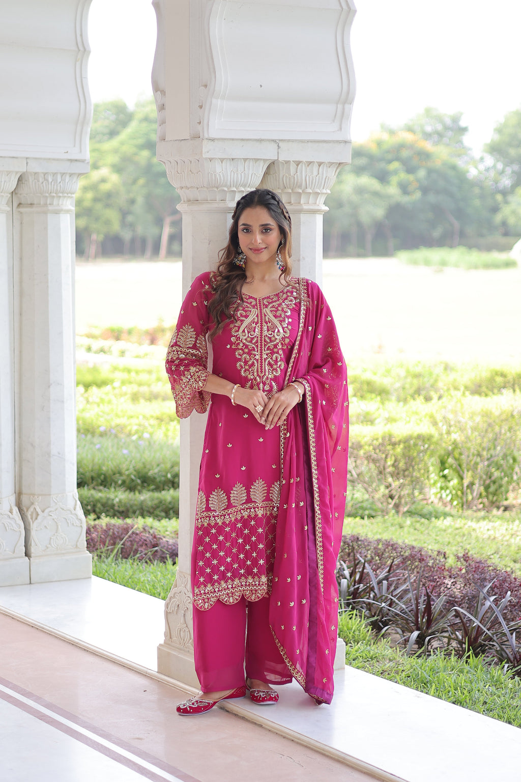 Irya pink faux blooming embroidered kurti set with dupatta