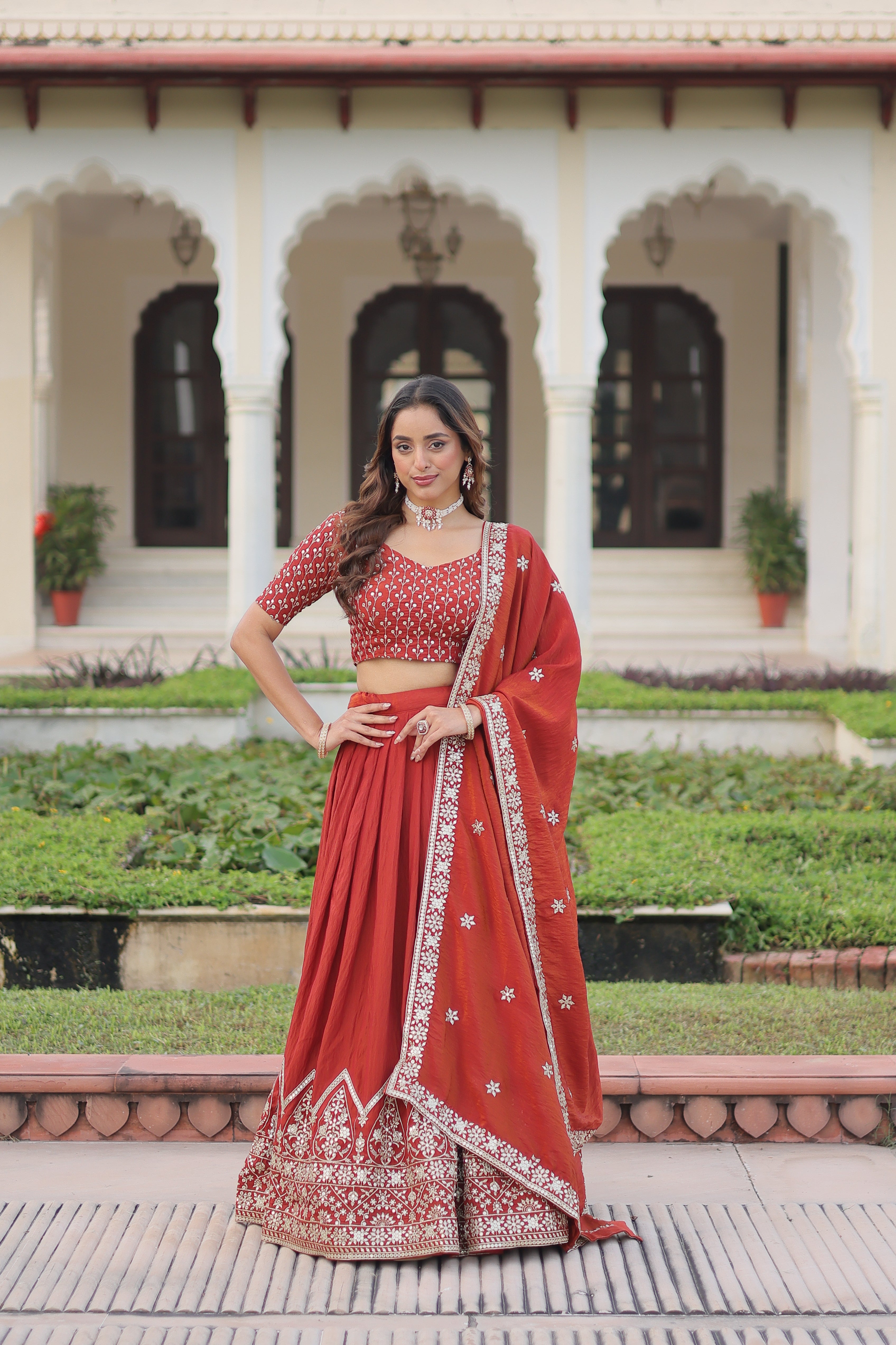 Omira orange Vichitra silk lehenga choli with sequins thread embroidery work