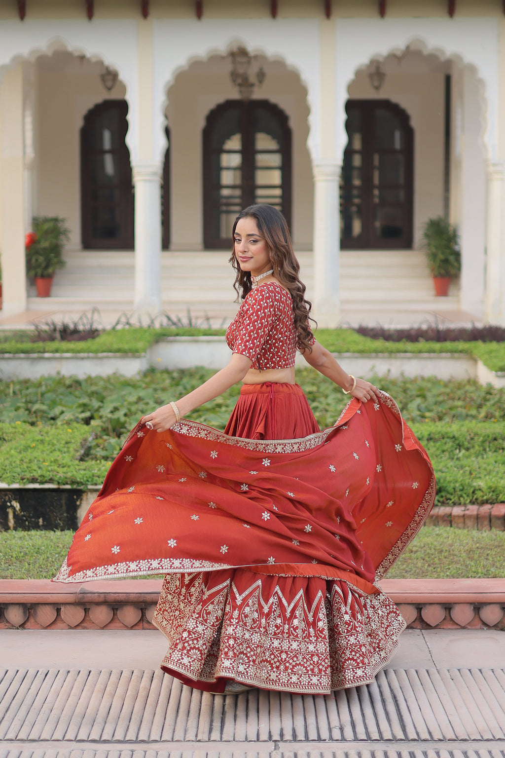 Omira orange Vichitra silk lehenga choli with sequins thread embroidery work