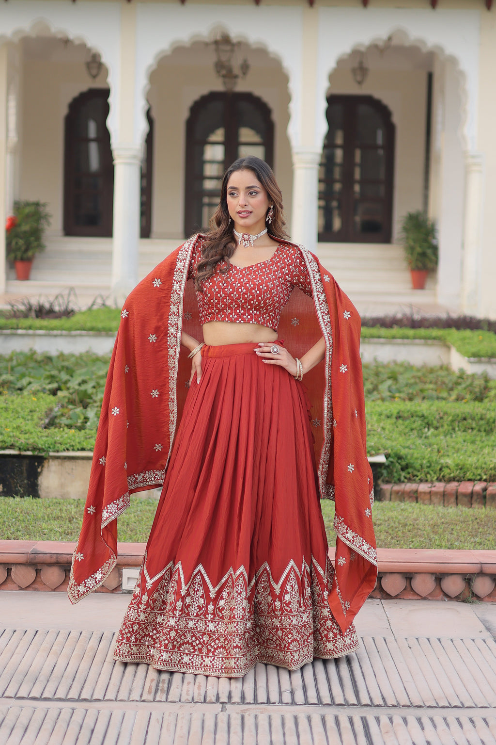 Omira orange Vichitra silk lehenga choli with sequins thread embroidery work