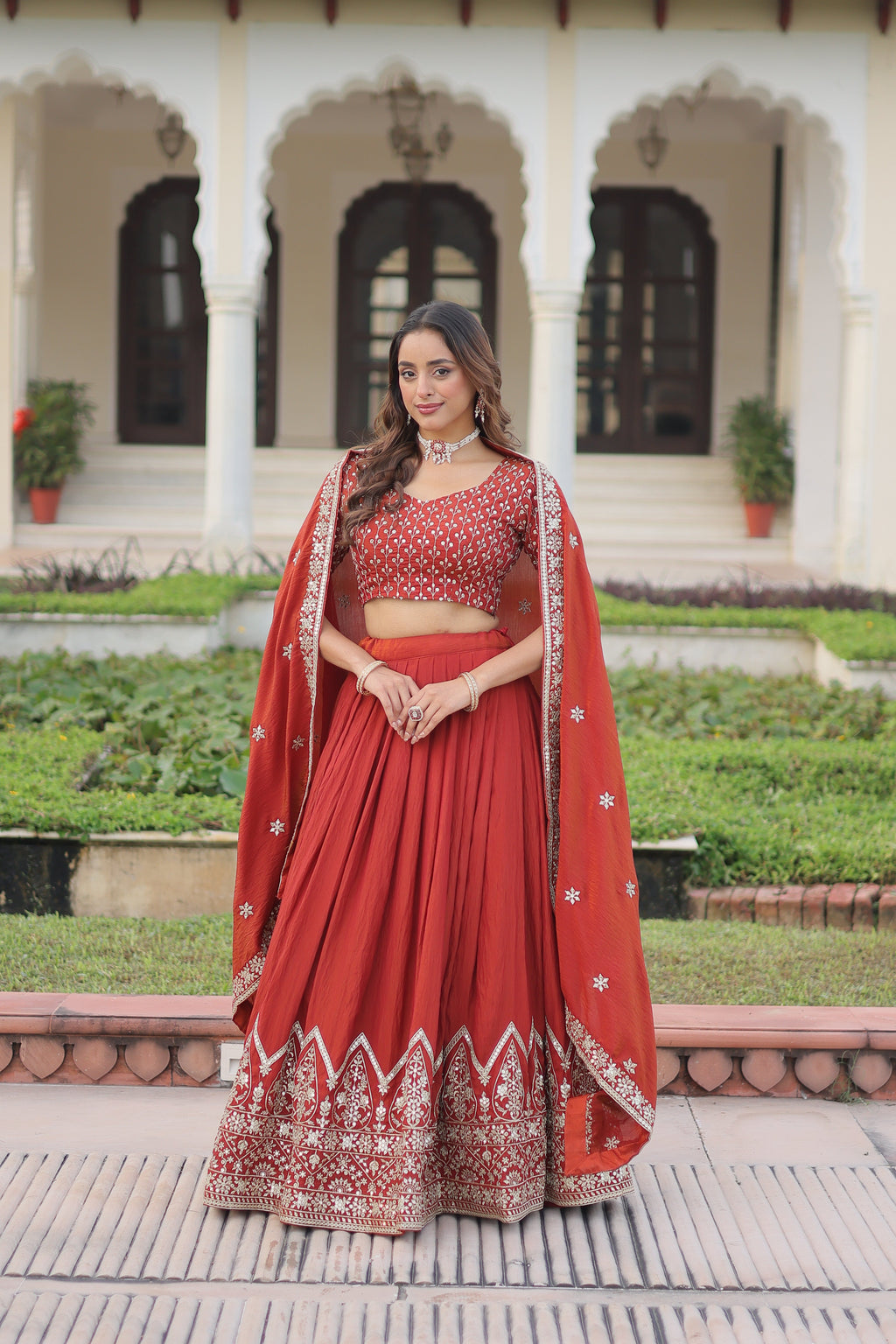 Omira orange Vichitra silk lehenga choli with sequins thread embroidery work
