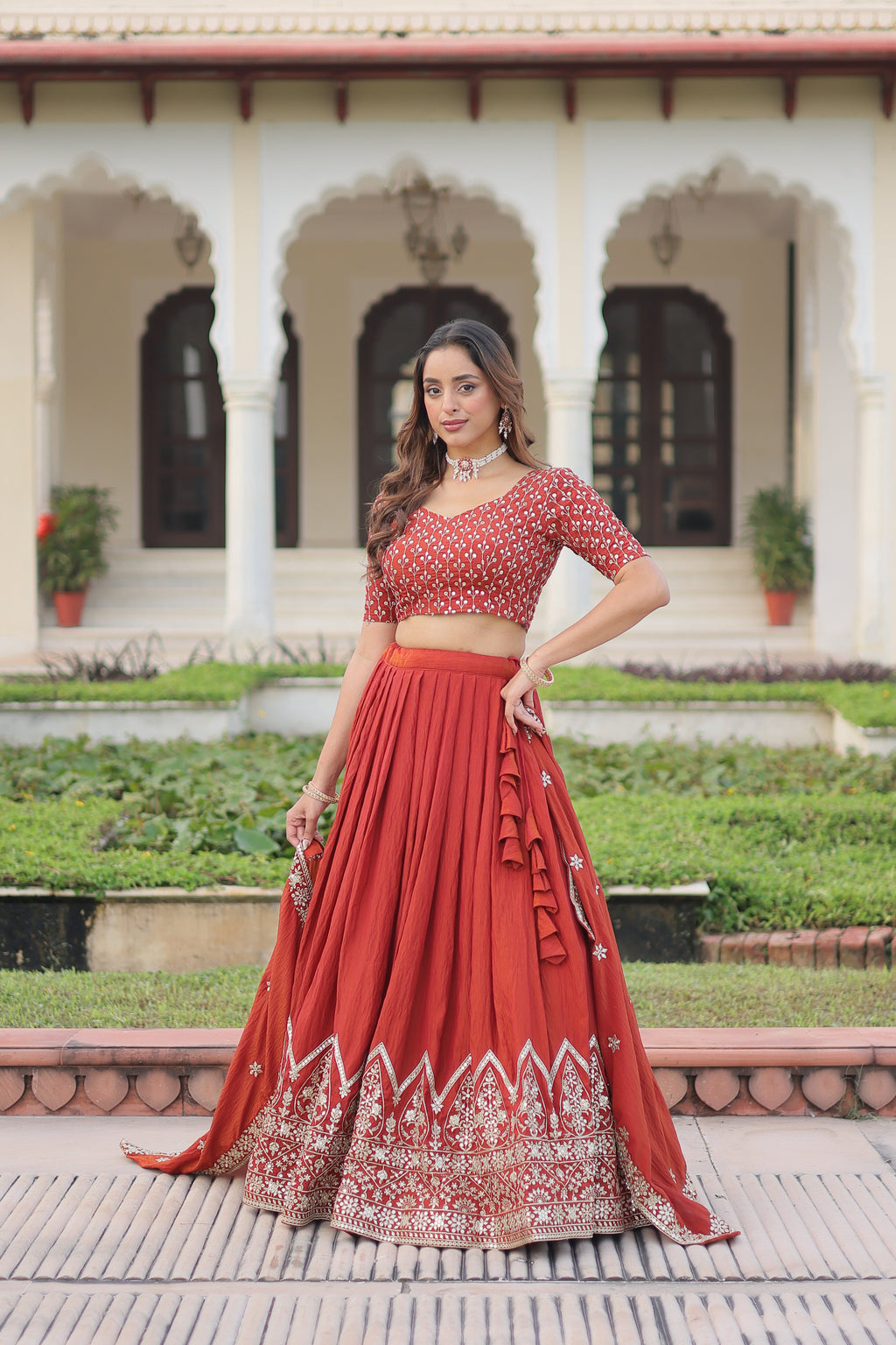 Omira orange Vichitra silk lehenga choli with sequins thread embroidery work
