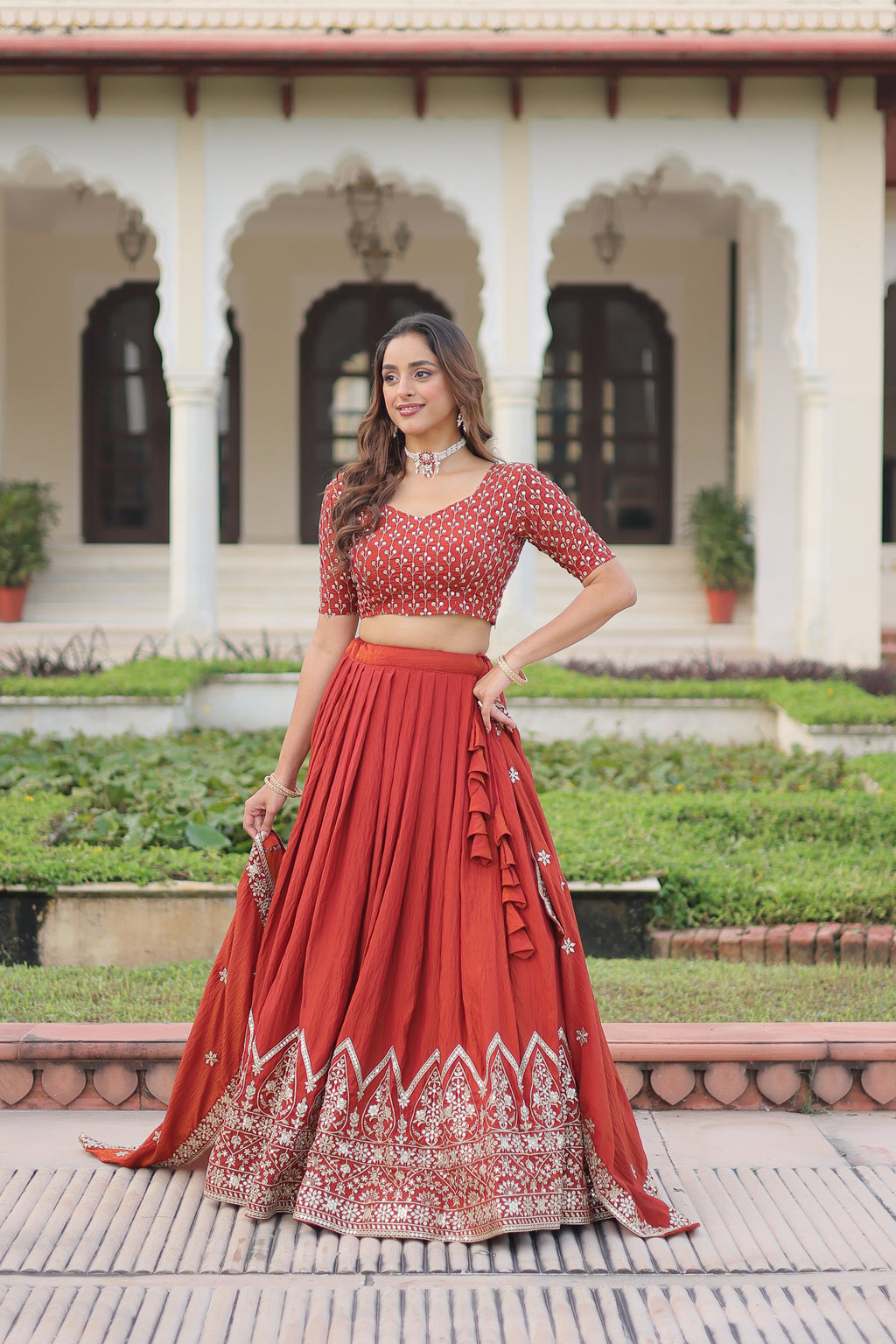 Omira orange Vichitra silk lehenga choli with sequins thread embroidery work