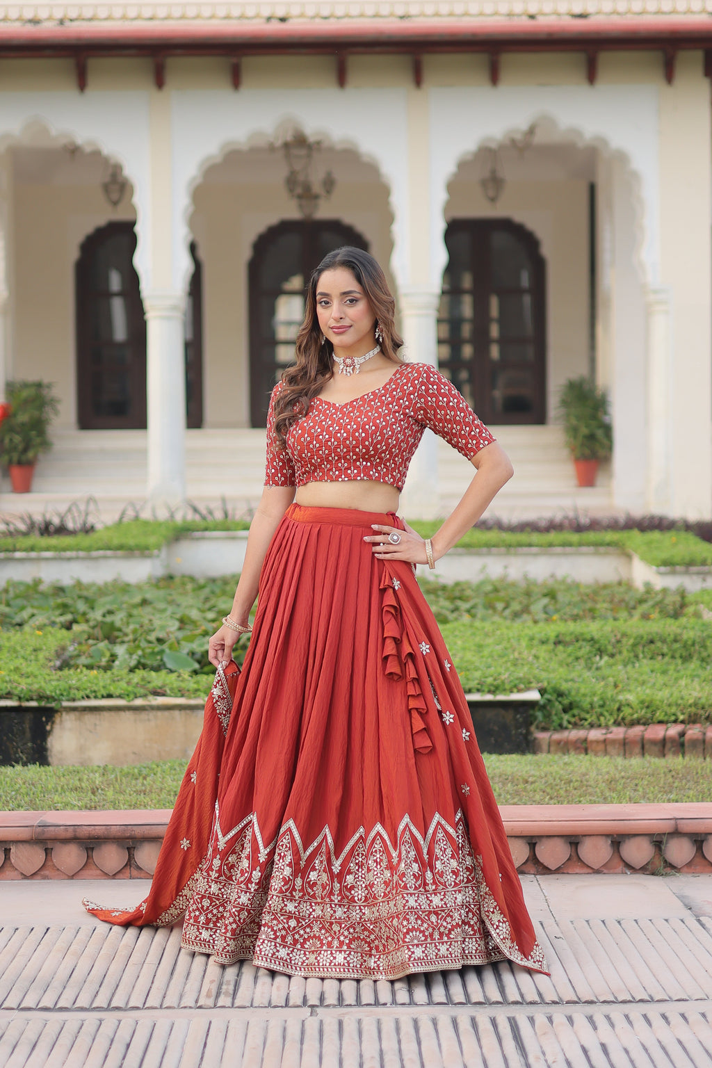Omira orange Vichitra silk lehenga choli with sequins thread embroidery work