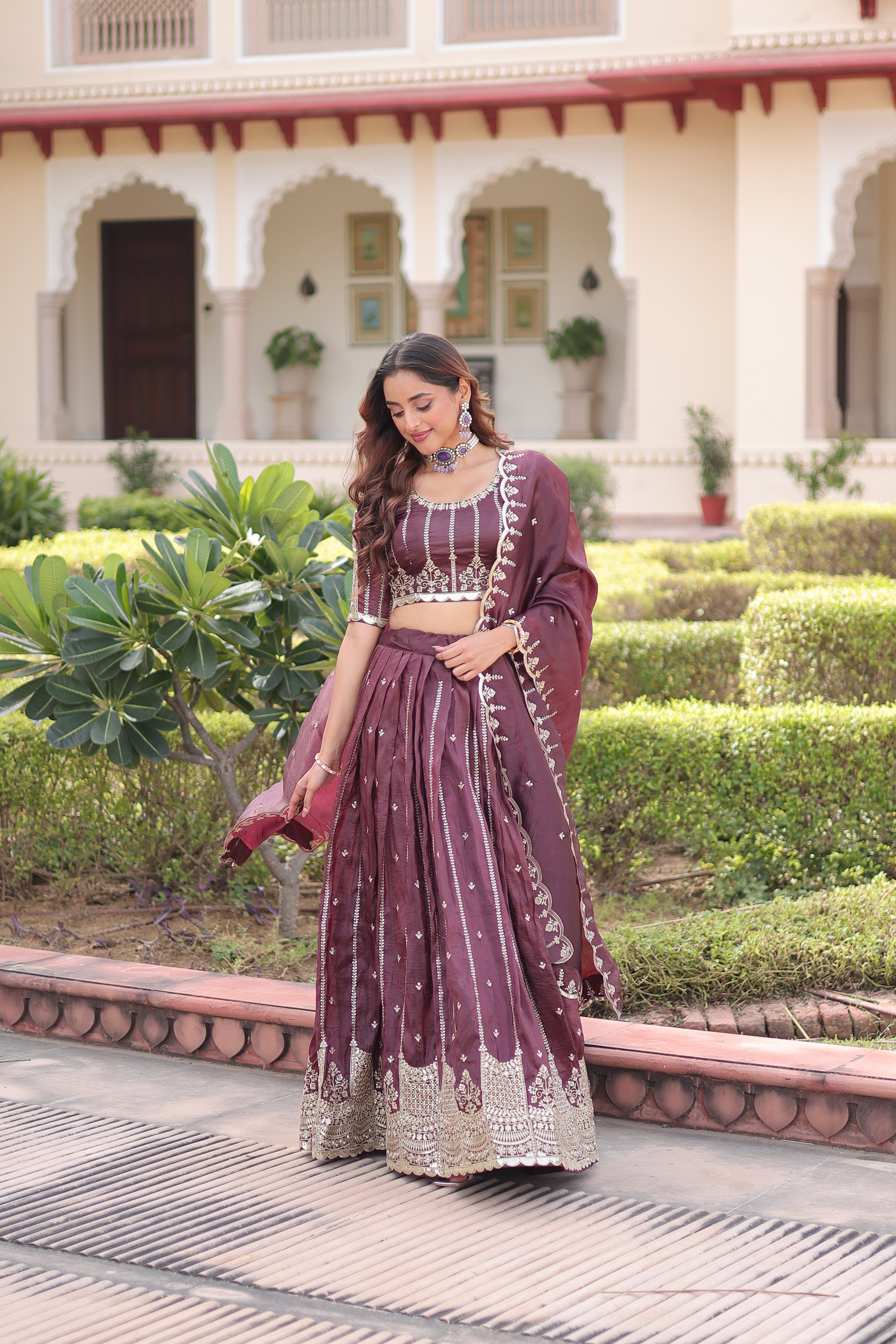 Vireen brown gold crush lehenga choli with sequins zari embroidered work