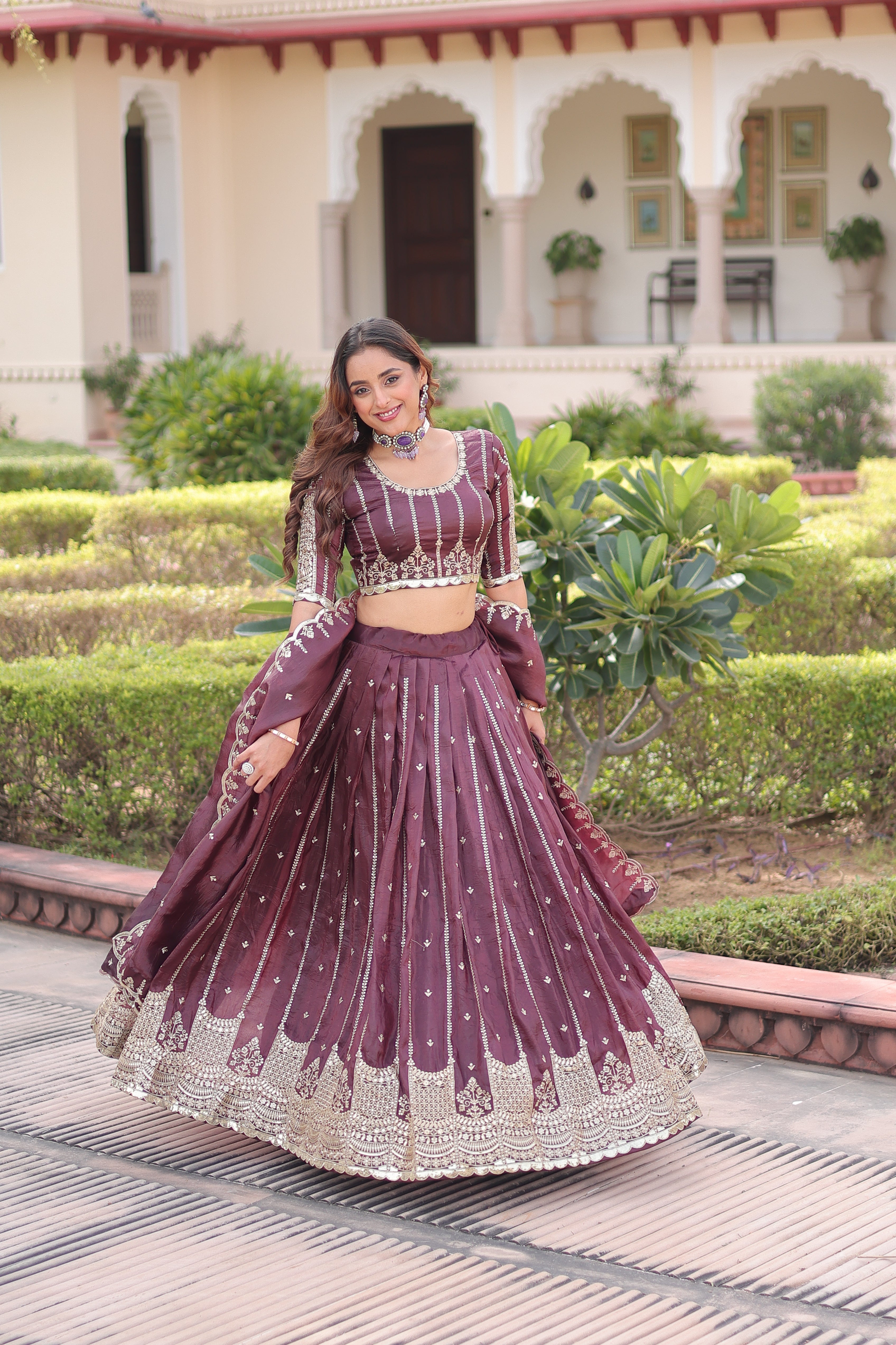Vireen brown gold crush lehenga choli with sequins zari embroidered work