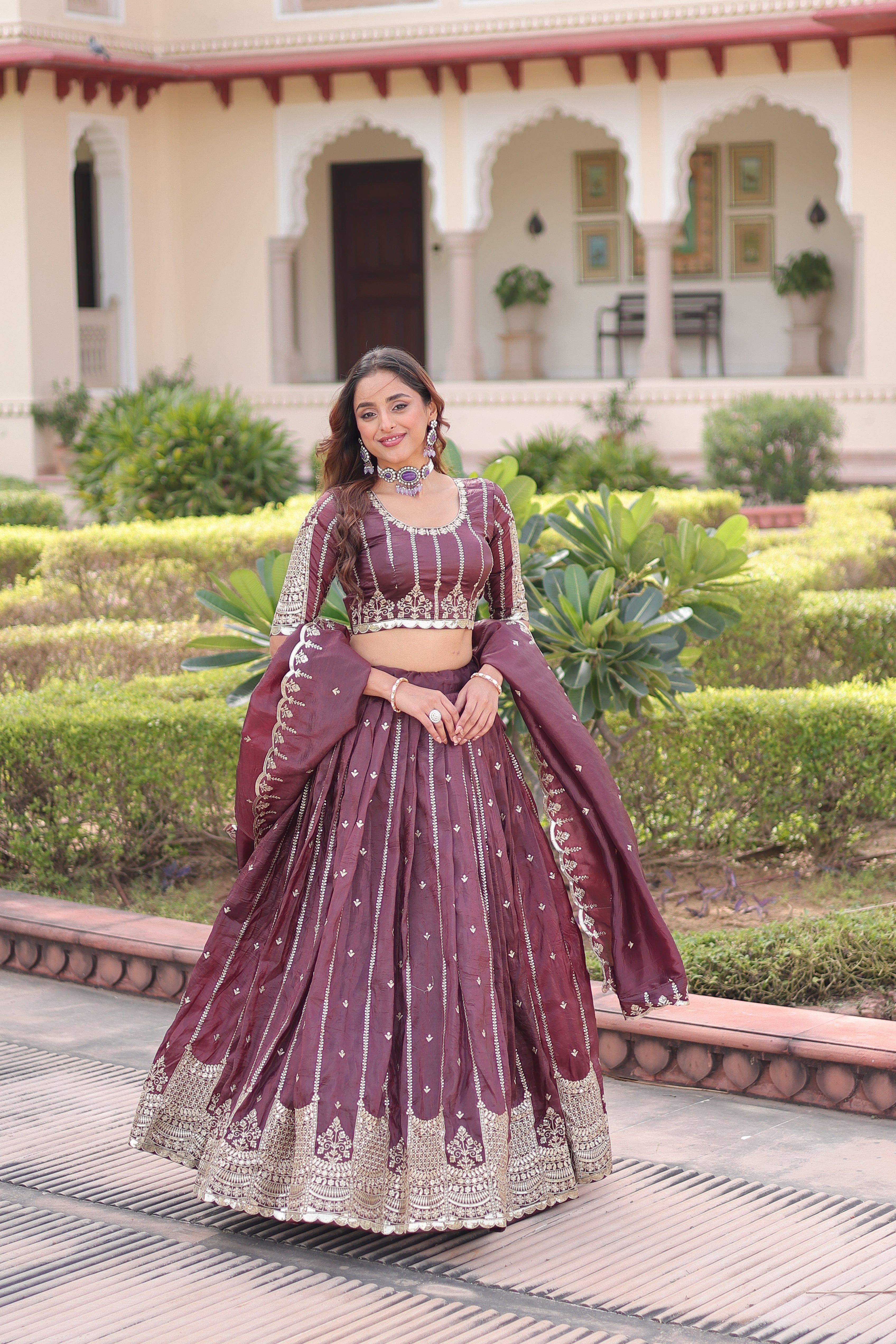 Vireen brown gold crush lehenga choli with sequins zari embroidered work